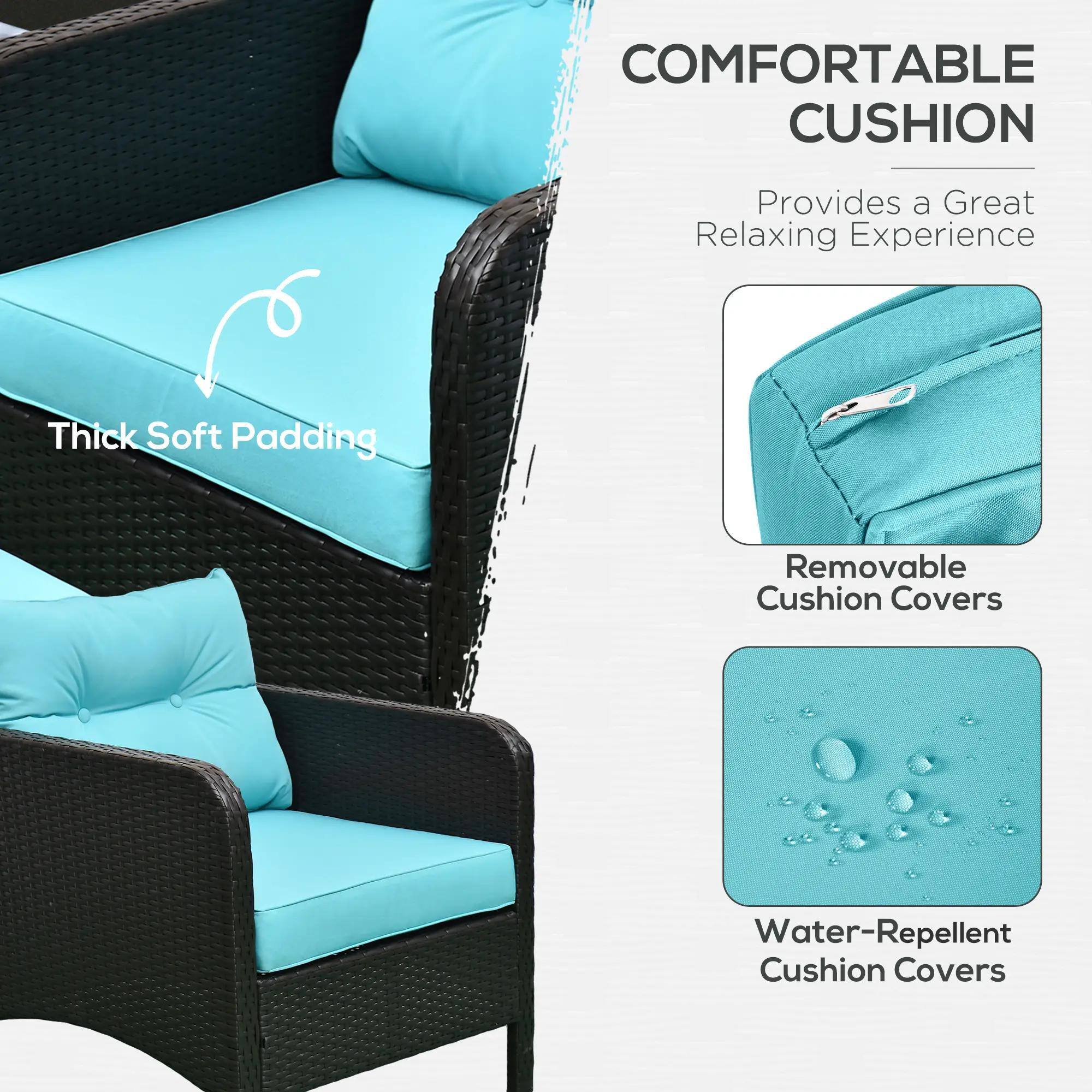 COMFORTABLE CUSHION
Provides a Great Relaxing Experience
Thick Soft Padding
Removable Cushion Covers
Water-Repellent Cushion Covers