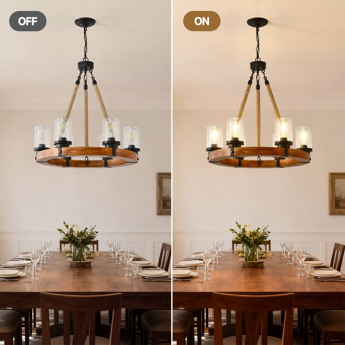Loheer Rustic Wagon Wheel Chandelier, Six Light Wood and Metal Pendant ...