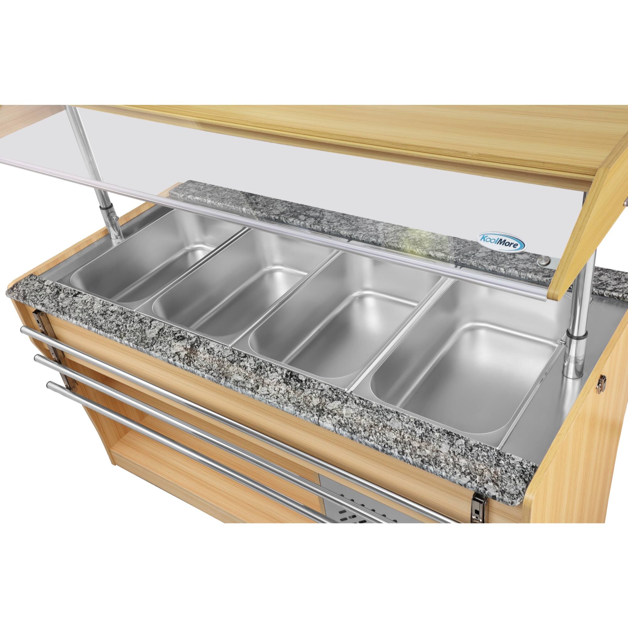 Alt View 3. Koolmore - 59 in.  Refrigerated Buffet Table with Capacity for 4 Full-Size GN Pans, Featuring Serving Rail and 4 Lockable Casters - Walnut.