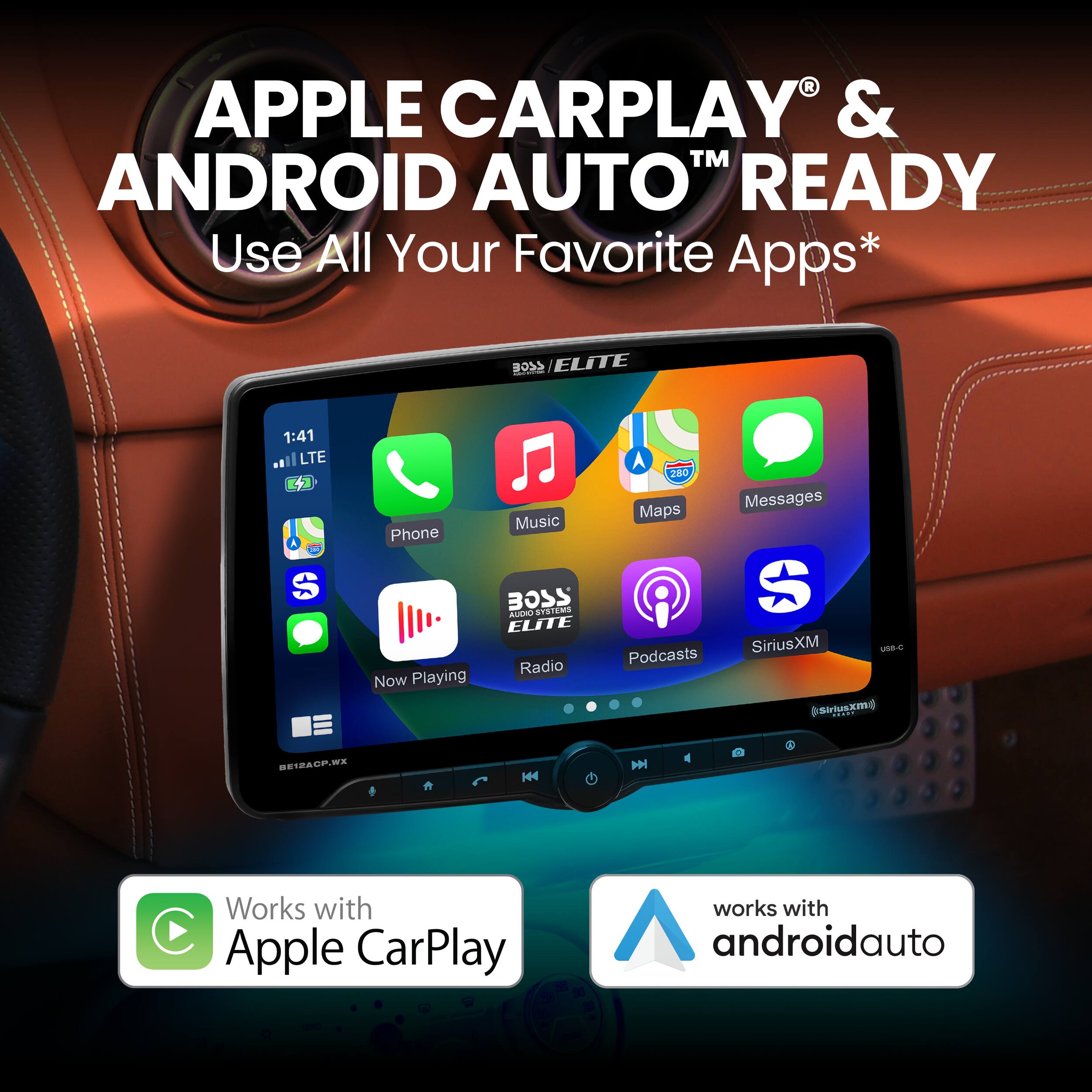 Apple CarPlay & Android Auto Ready: Use All Your Favorite Apps*

The image features a car with a large touchscreen display, showcasing the Apple CarPlay and Android Auto capabilities. The display is prominently placed in the car, allowing drivers to easily access and use their favorite apps while on the road. The image emphasizes the convenience and safety benefits of using these features in a vehicle.