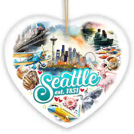 OrnamentallyYou - Unique Seattle Watercolor Ceramic Ornament Washington State Souvenir and Christmas Decor Heart - Multi-colored