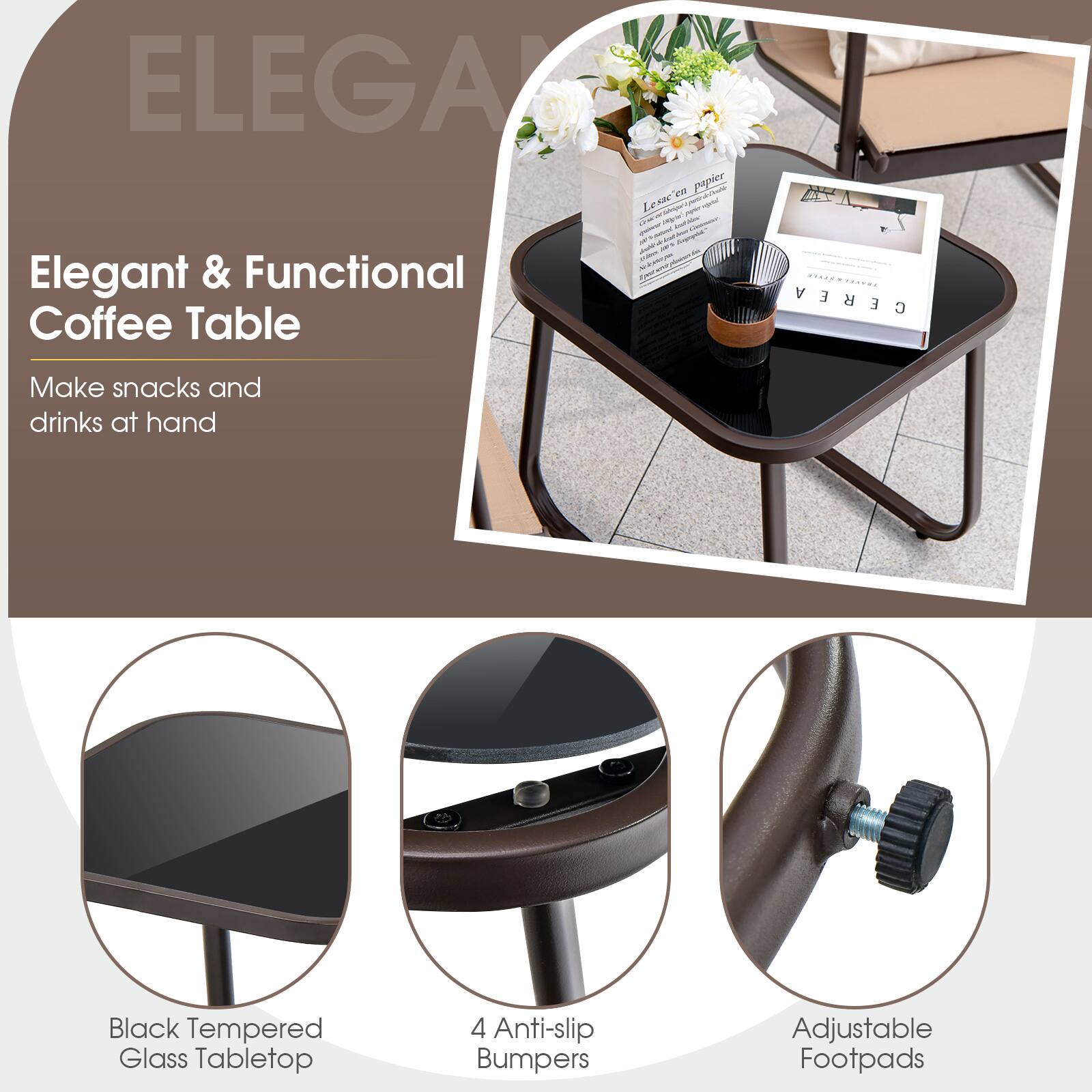 ELEGA 2 pictures
Le sac en papier
Elegant & Functional Coffee Table
Make snacks and drinks at hand
Black Tempered Glass Tabletop
4 Anti-slip Bumpers
Adjustable Footpads