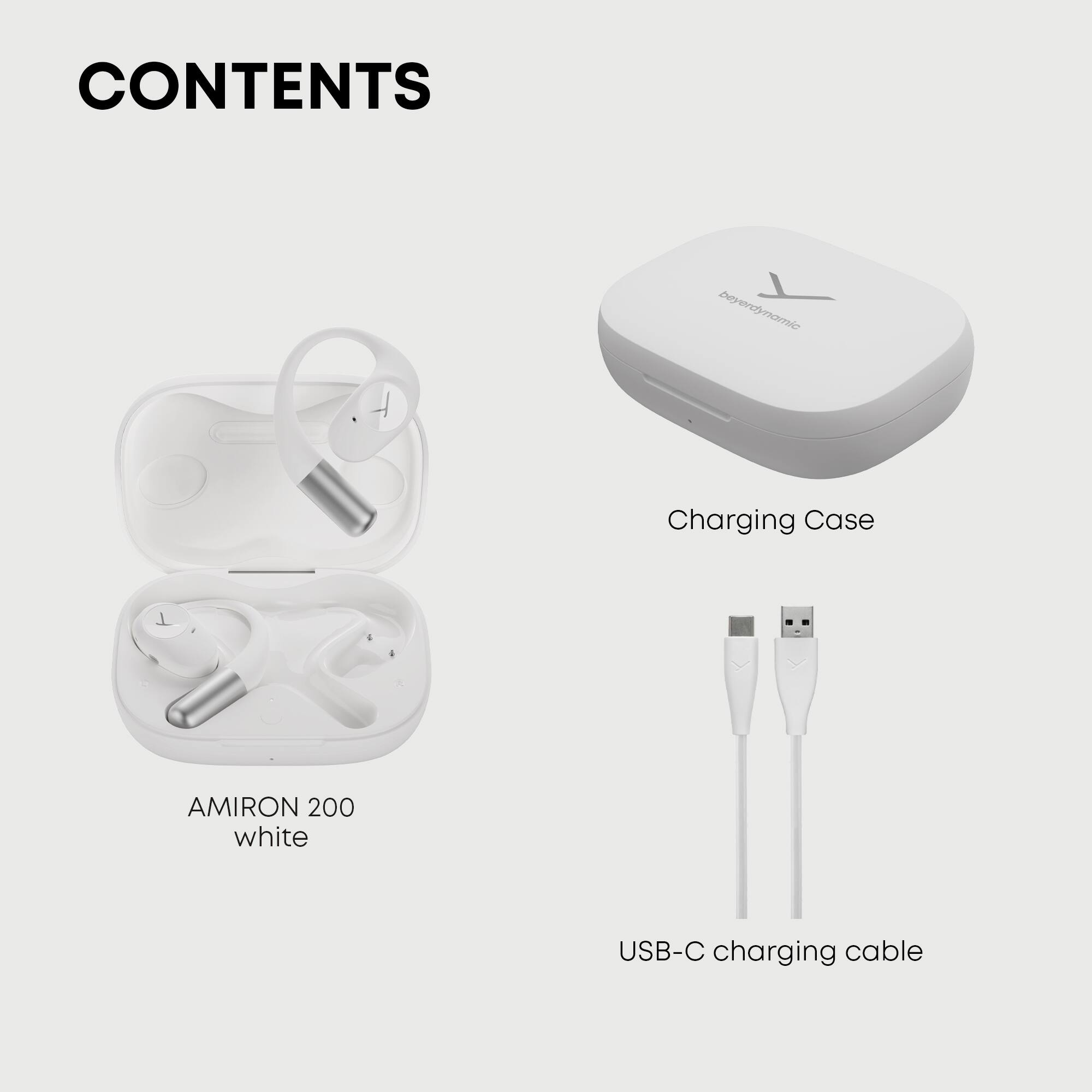 CONTENTS

- Charging Case
- AMIRON 200 white
- USB-C charging cable