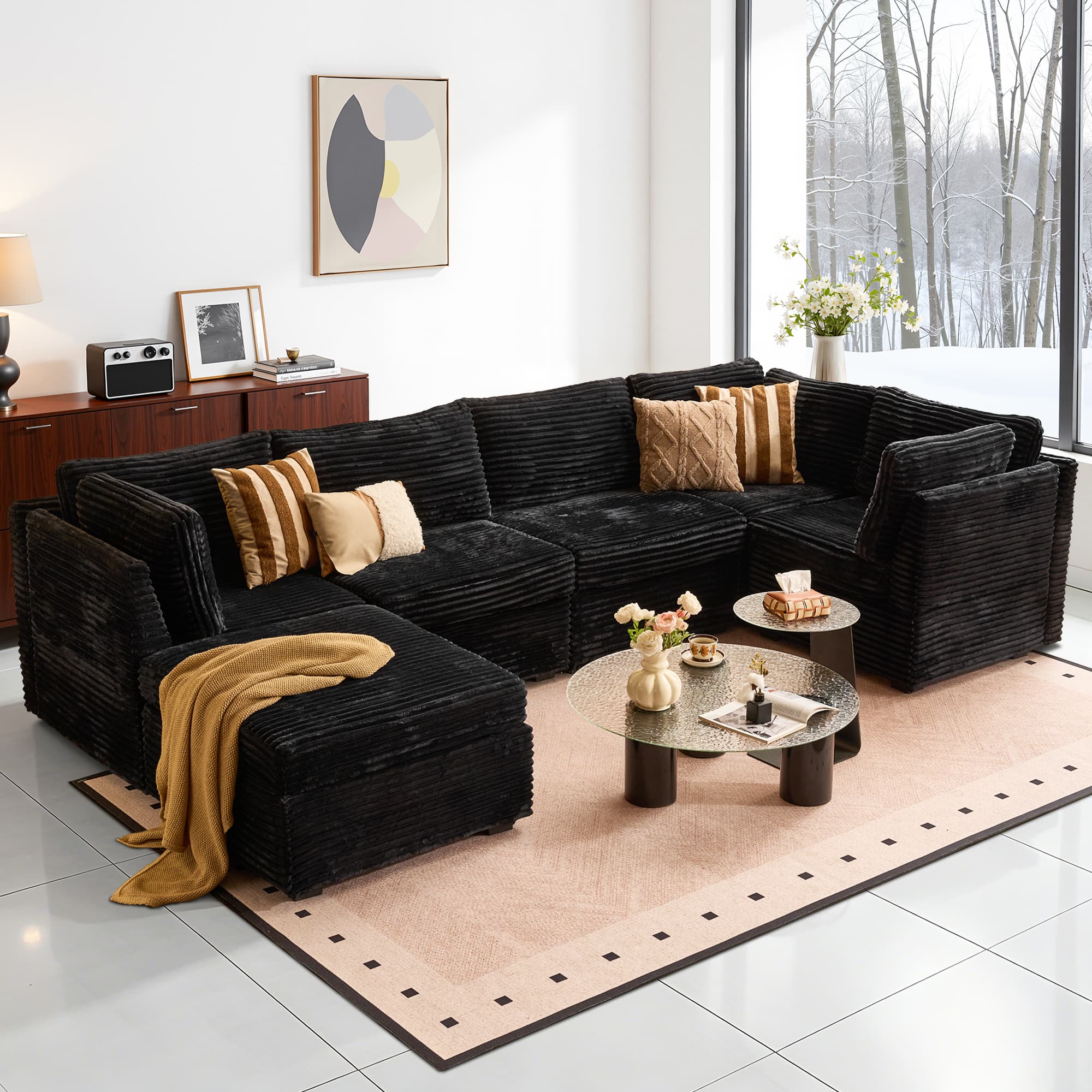 Ovios - 6 PCS Modular Sectional Sofa Couch with Ottoman, Modern Cloud Couch Sectional Sofa for Living Room - Black