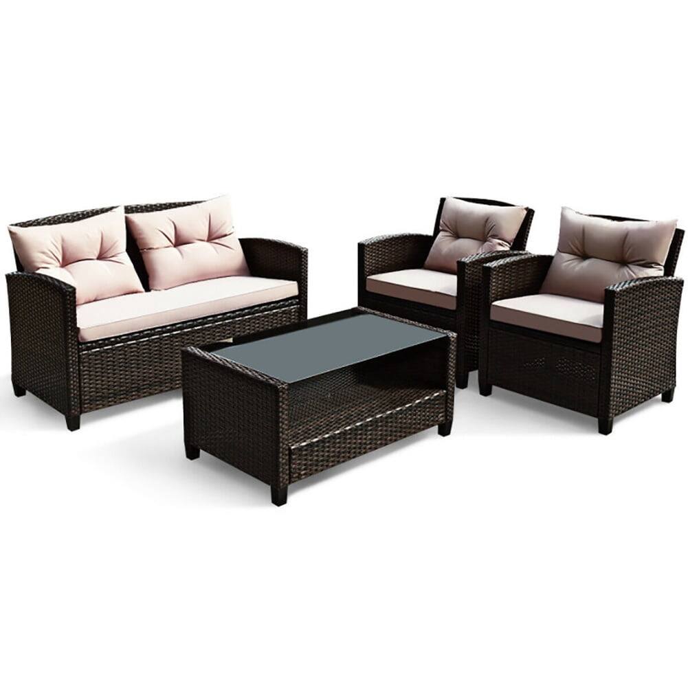 Alt View 1. Kadyn - Cushioned Patio Rattan Wicker Conversation Furniture Set 4 Pcs with Glass Coffee Table, Outdoor Seating Set for Yard and - Brown.