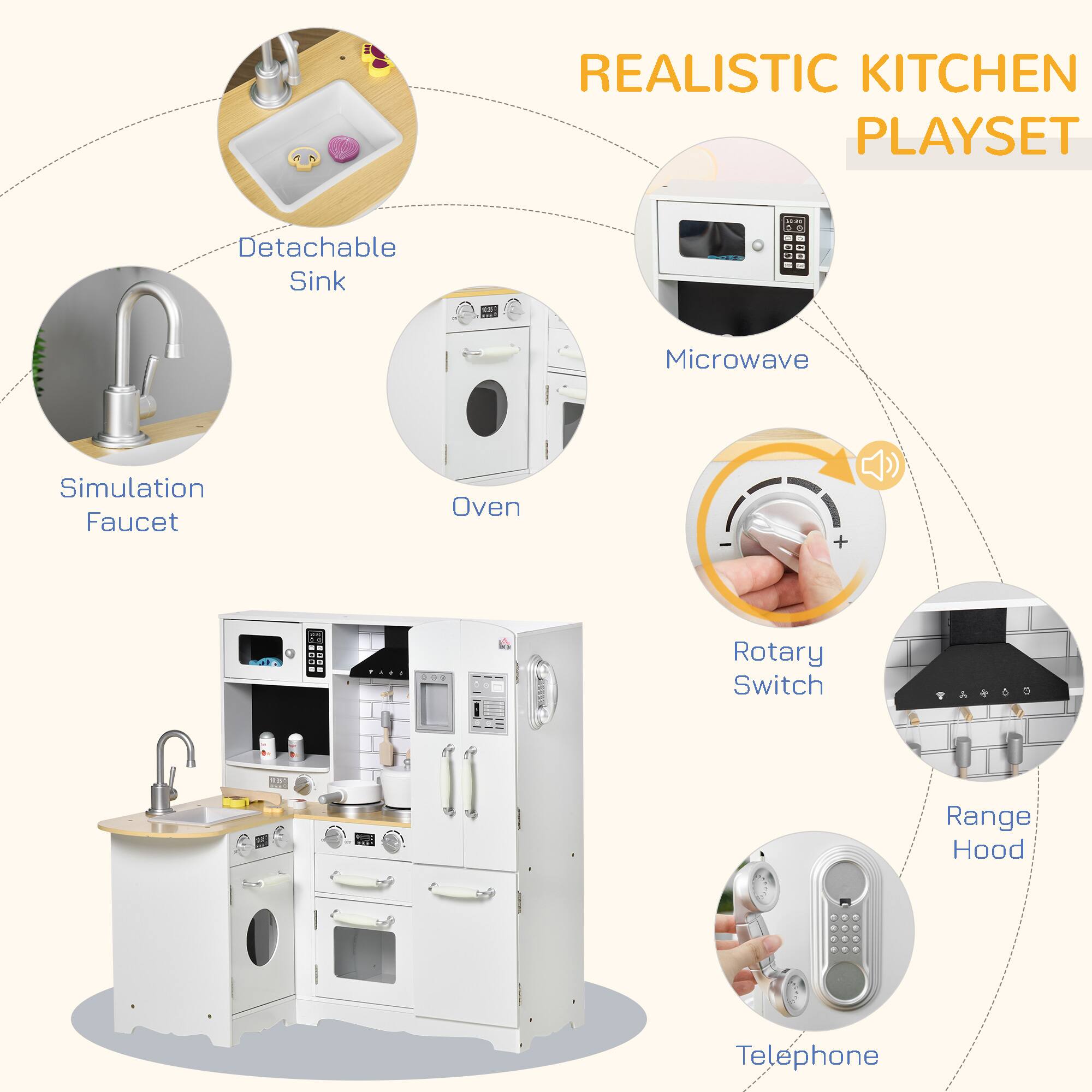 REALISTIC KITCHEN PLAYSET

- Detachable Sink
- Simulation Faucet
- Microwave
- Oven
- Rotary Switch
- Range Hood
- Telephone