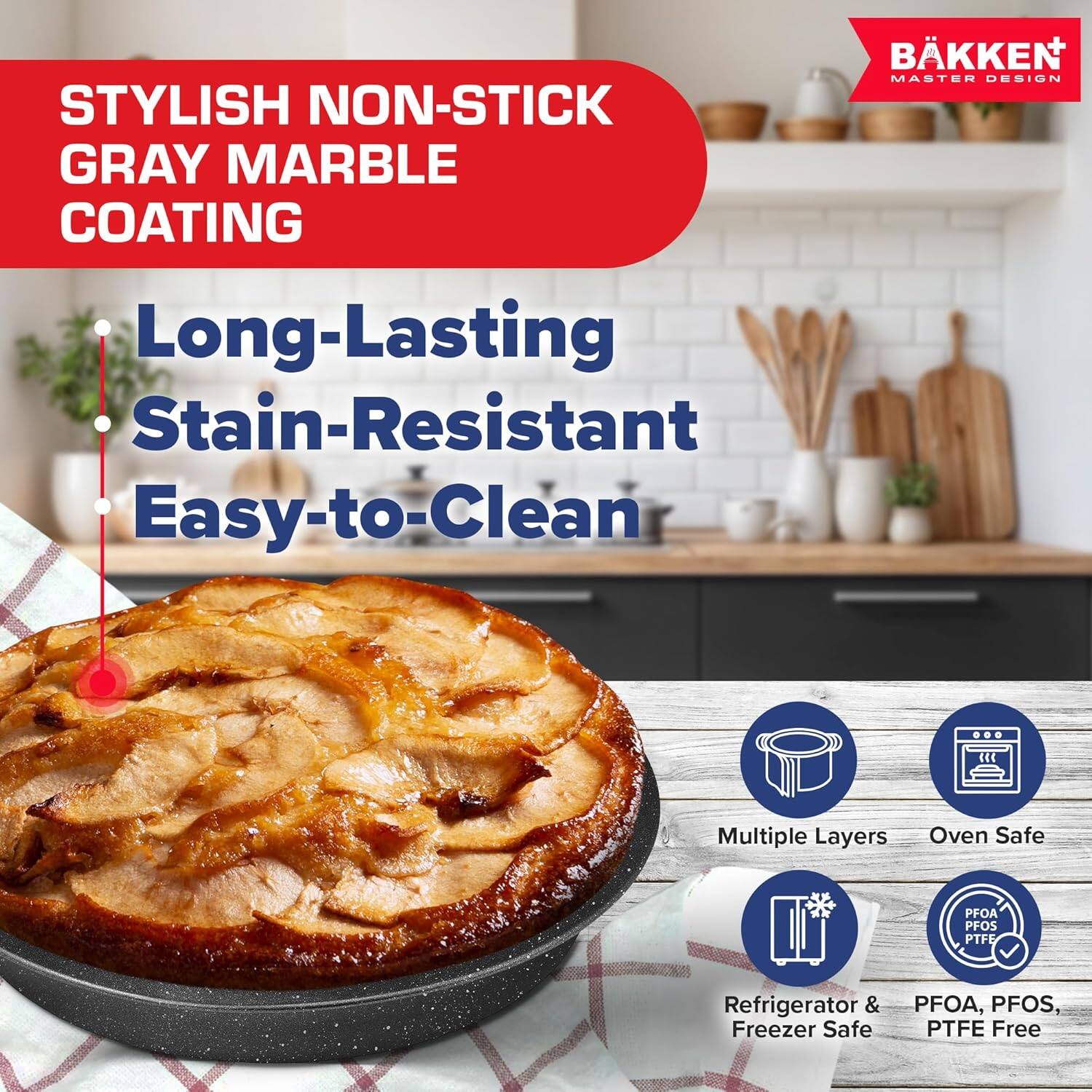 BKKEN MASTER DESIGN STYLISH NON-STICK GRAY MARBLE COATING Long-Lasting Stain-Resistant Easy-to-Clean ... L Multiple Layers Oven Safe Refrigerator & Freezer Safe PFOA, PFOS, PTFE Free