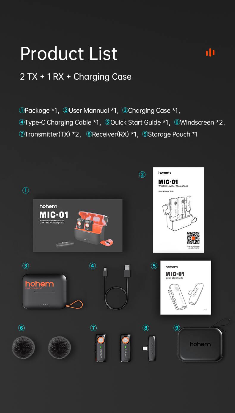 Product List  
2 TX + 1 RX + Charging Case  

1. Package *1  
2. User Manual *1  
3. Charging Case *1  
4. Type-C Charging Cable *1  
5. Quick Start Guide *1  
6. Windscreen *2  
7. Transmitter(TX) *2  
8. Receiver(RX) *1  
9. Storage Pouch *1  

hohem MIC-01 Wireless Lavalier Microphone  

hohem MIC-01  
Wireless Lavalier Microphone  

hohem MIC-01  
Quick Start Guide