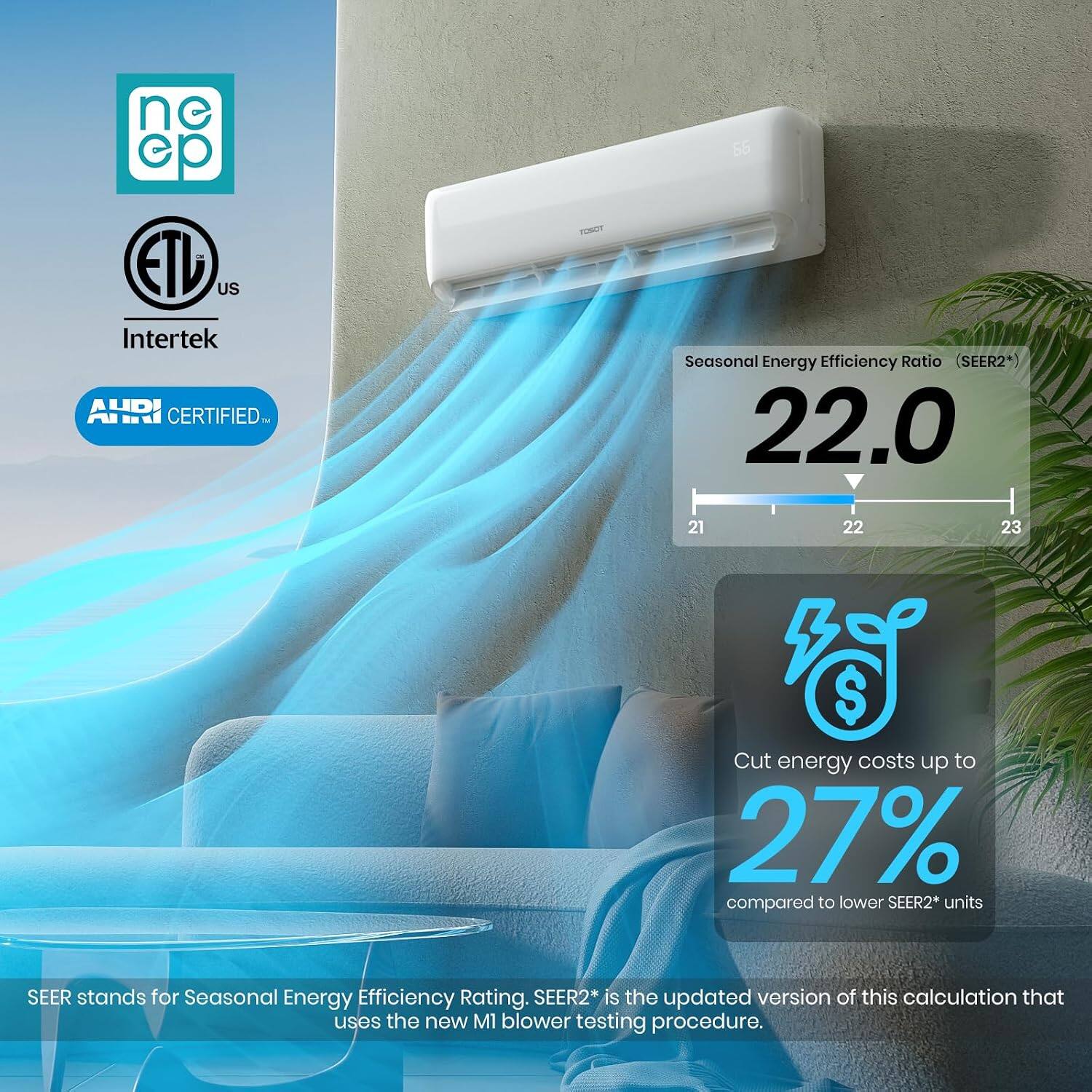 ne ep ETU US Intertek AHRI CERTIFIED  
TOSOT  
Seasonal Energy Efficiency Ratio SEER2* 22.0  
21 22 23  
Cut energy costs up to 27% compared to lower SEER2* units  
SEER stands for Seasonal Energy Efficiency Rating. SEER2* is the updated version of this calculation that uses the new M1 blower testing procedure.