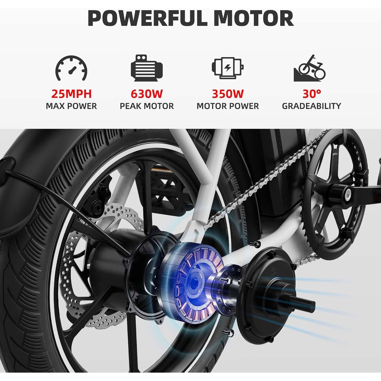 POWERFUL MOTOR

25MPH MAX POWER  
630W PEAK MOTOR  
350W MOTOR POWER  
30° GRADEABILITY