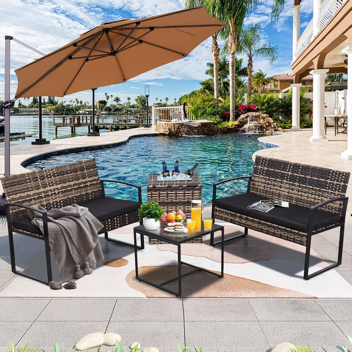 Back. Ainfox - Ainfox 4Piece Outdoor Patio Furniture Set with Ice Cooler Storage Box & Coffee Table for Outside, Garden, Balcony, Porch - Black.