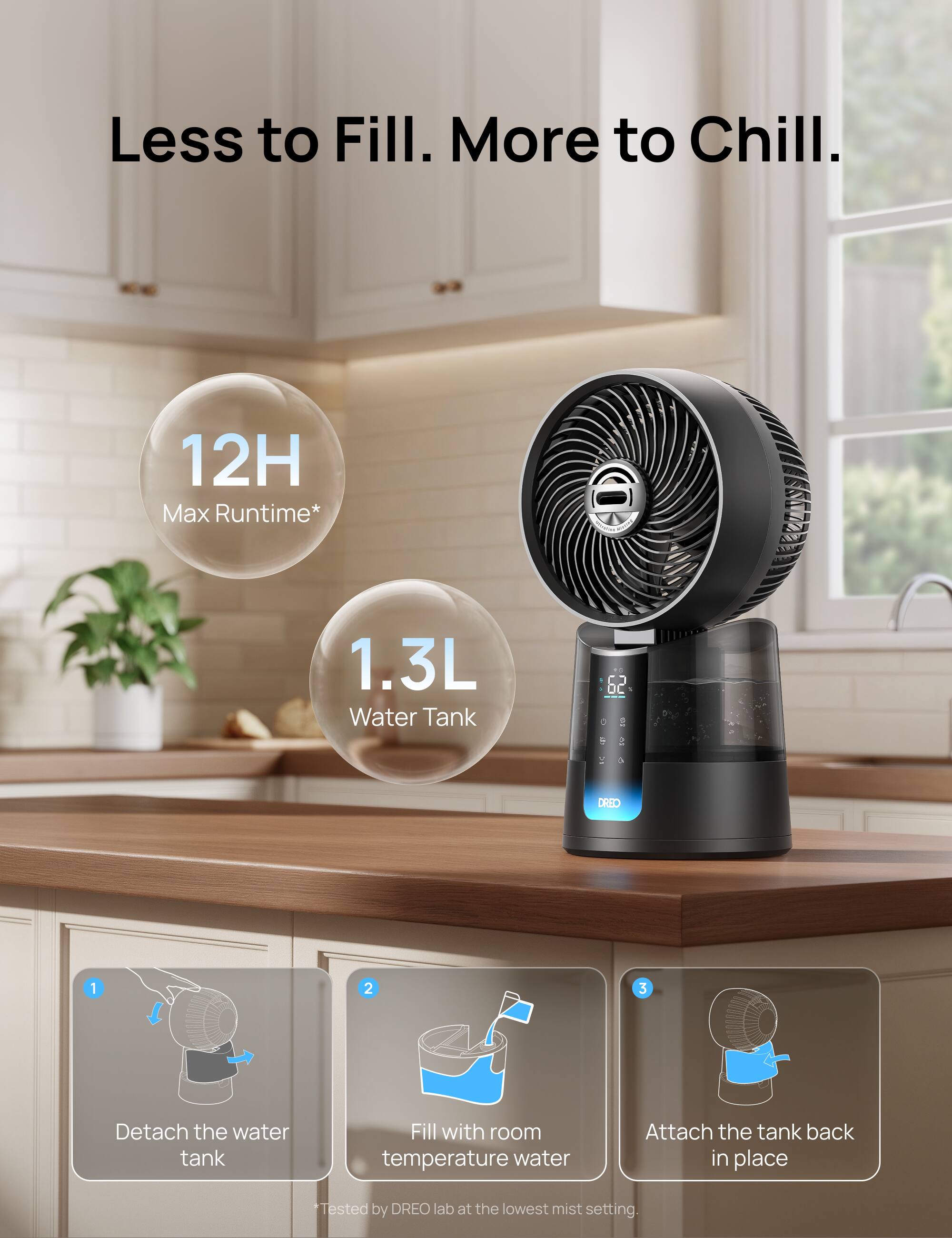Less to Fill. More to Chill.

12H Max Runtime*

1.3L Water Tank

1. Detach the water tank
2. Fill with room temperature water
3. Attach the tank back in place

*Tested by DREO lab at the lowest mist setting