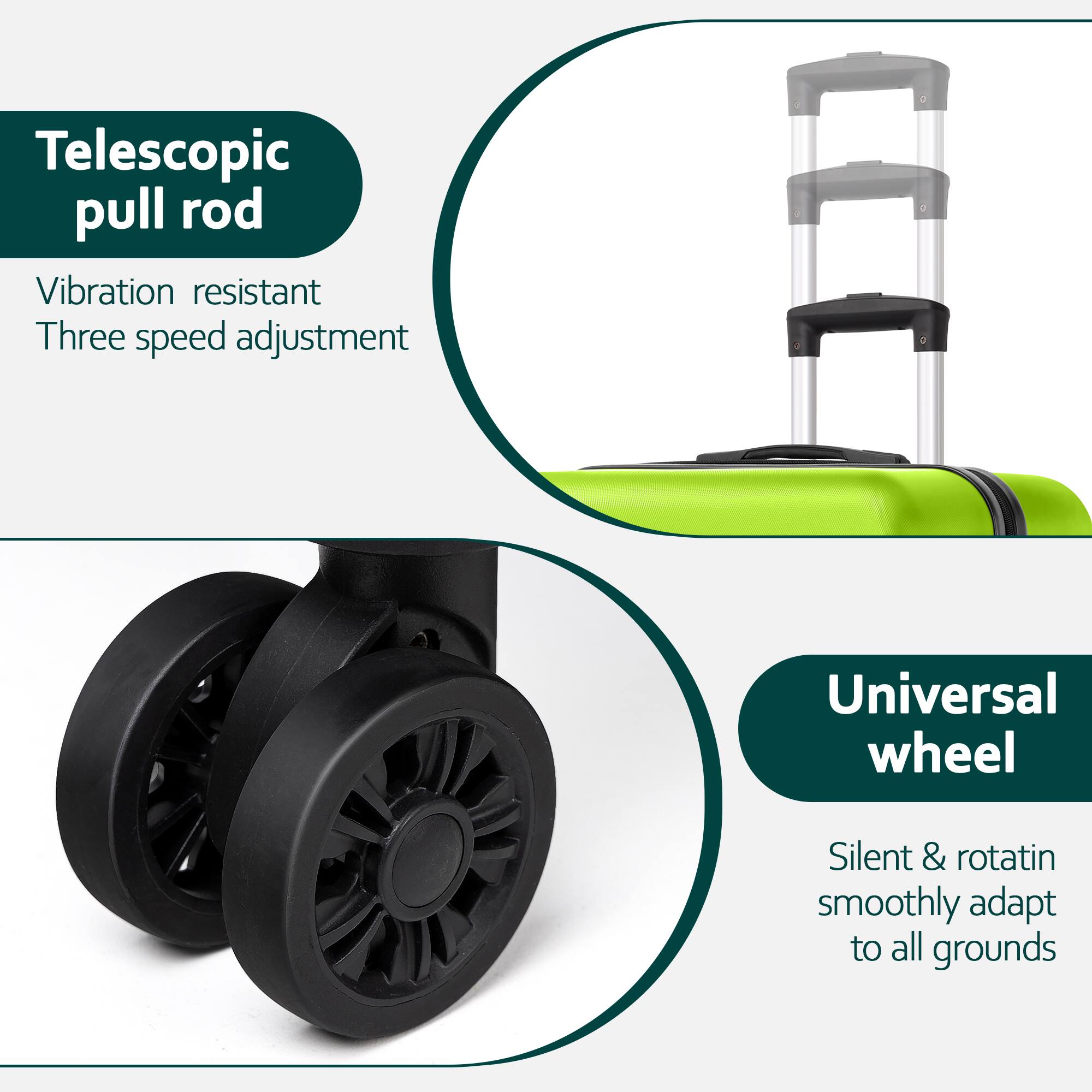 Telescopic pull rod  
Vibration resistant  
Three speed adjustment  

Universal wheel  
Silent & rotating smoothly adapt to all grounds