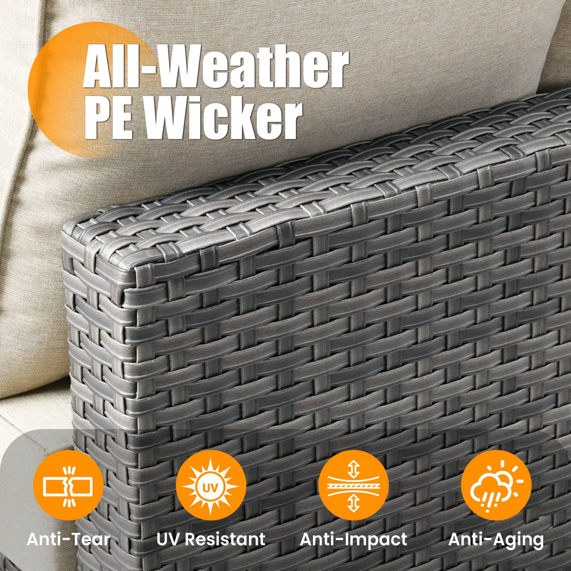 All-Weather PE Wicker

- Anti-Tear
- UV Resistant
- Anti-Impact
- Anti-Aging