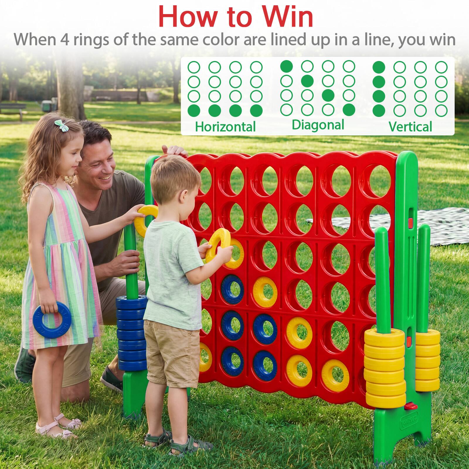 How to Win  
When 4 rings of the same color are lined up in a line, you win  
Horizontal  
Diagonal  
Vertical