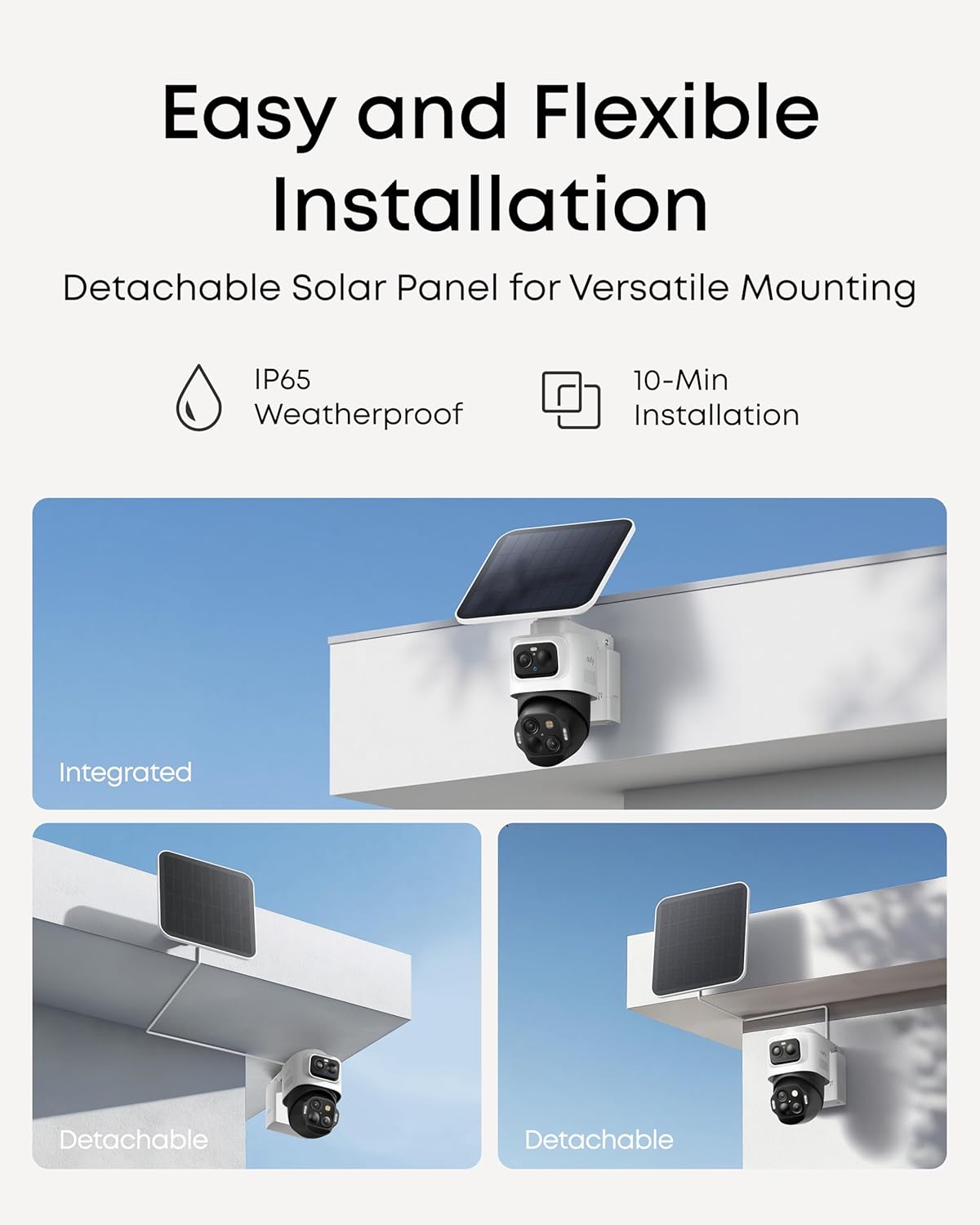 Easy and Flexible Installation  
Detachable Solar Panel for Versatile Mounting  
IP65 Weatherproof  
10-Min Installation
