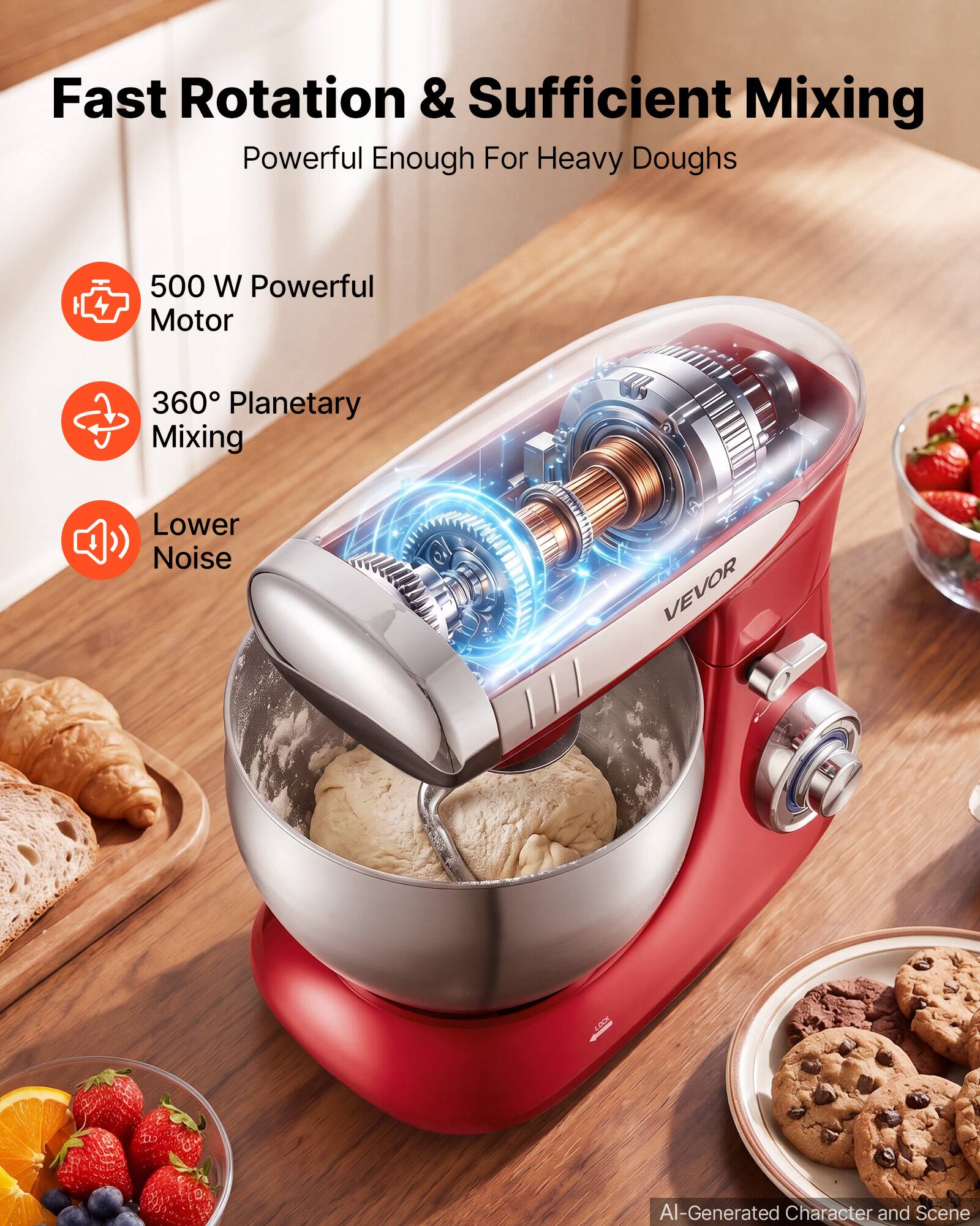 Fast Rotation & Sufficient Mixing  
Powerful Enough For Heavy Doughs  
500 W Powerful Motor  
360° Planetary Mixing  
Lower Noise  
VEVOR  
AI-Generated Character and Scene