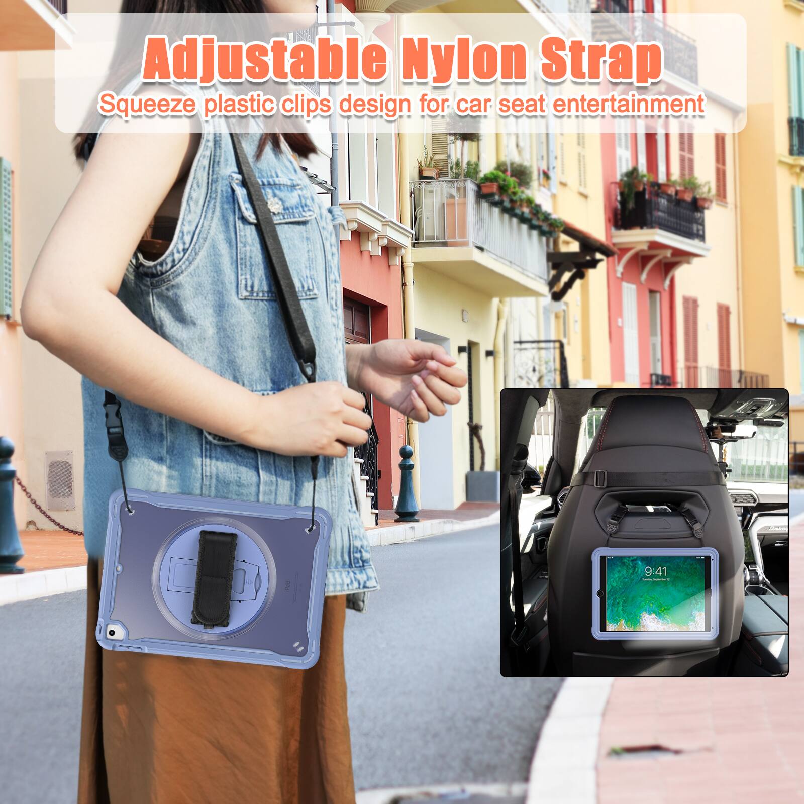 Adjustable Nylon Strap  
Squeeze plastic clips design for car seat entertainment