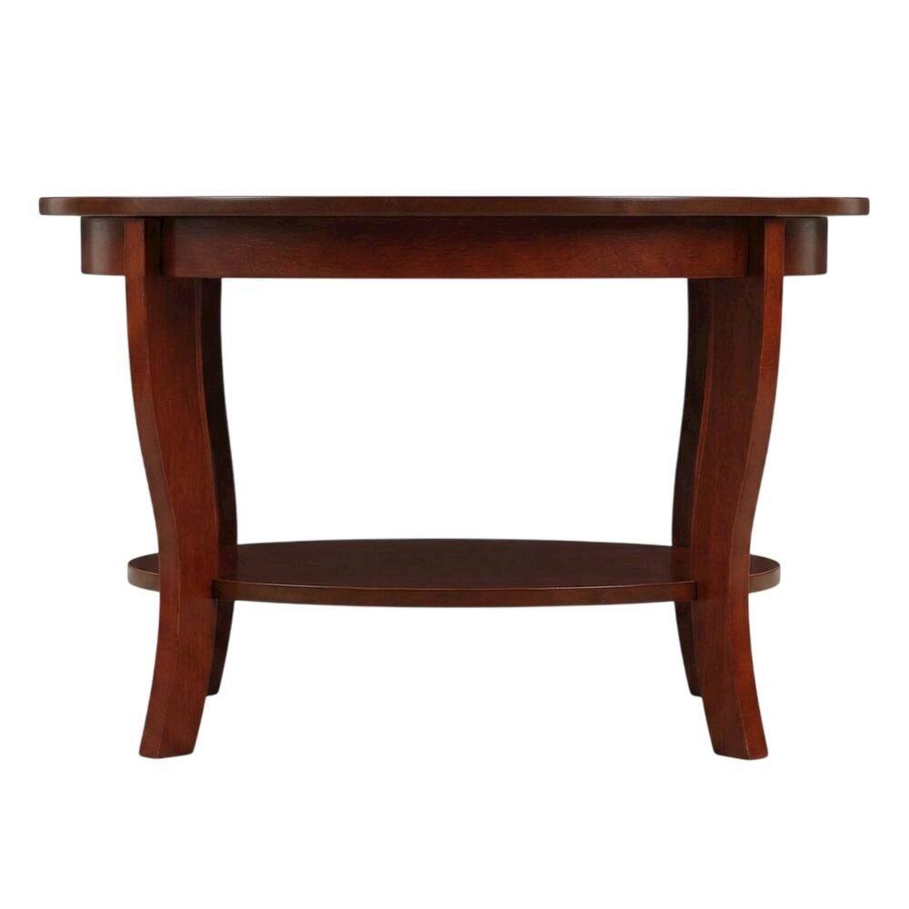 Angle. FurniFact - Distressed Round Coffee Table with Shelf in Classic Style - Mahogany.