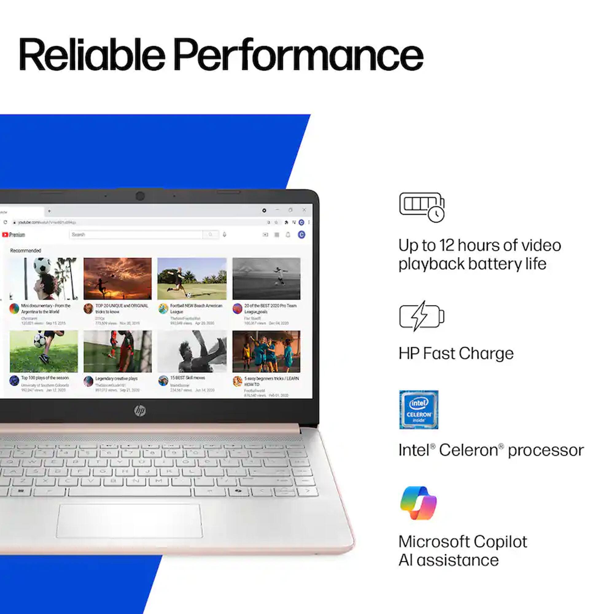 Reliable Performance

- Up to 12 hours of video playback battery life
- HP Fast Charge
- Intel® Celeron® processor
- Microsoft Copilot AI assistance