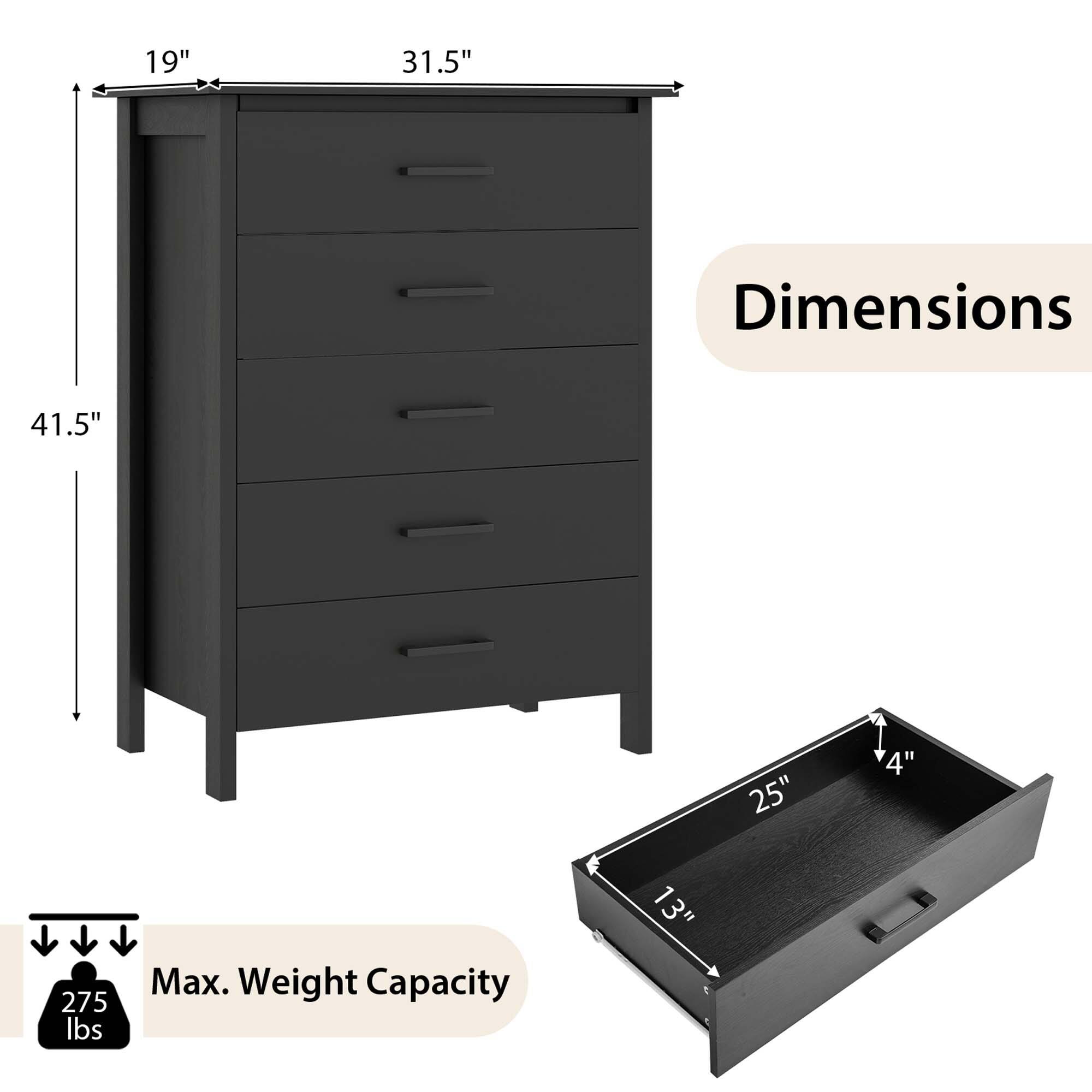 Dimensions:  
- Height: 41.5"  
- Width: 31.5"  
- Depth: 19"  

Max. Weight Capacity: 275 lbs  

Drawer Dimensions:  
- Width: 25"  
- Depth: 13"  
- Height: 4"