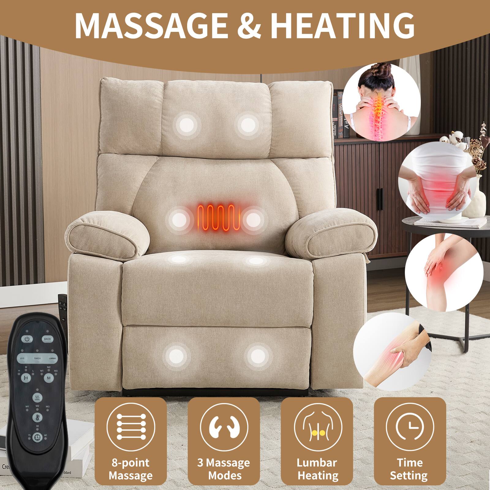 MASSAGE & HEATING

- 8-point Massage
- 3 Massage Modes
- Lumbar Heating
- Time Setting