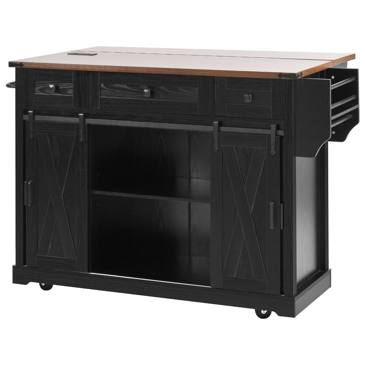 Alt View 4. Loheer - Loheer Farmhouse Kitchen Island with Drop Leaf and Sliding Barn Door, Rolling Kitchen Cart with Power Outlet, Black - Black.