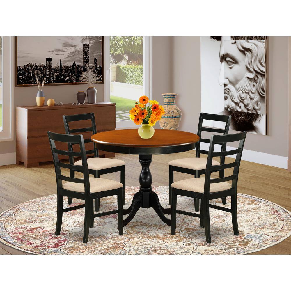 Angle. East West Furniture - East West Furniture 5-Piece Table Set Consists of a Wood Kitchen Table and 4 Linen Fabric Mid Century Dining Chairs - Multi-Color.