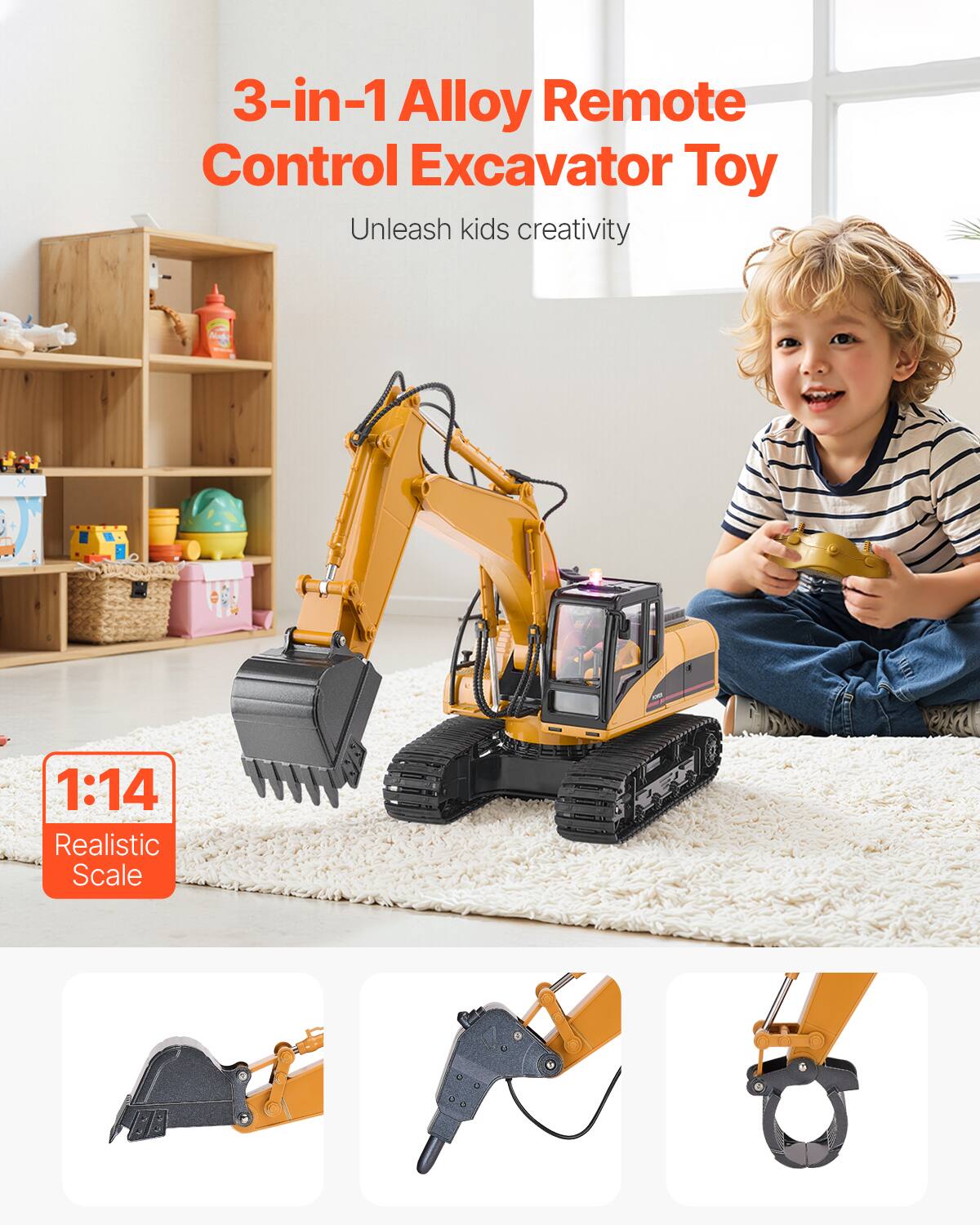 3-in-1 Alloy Remote Control Excavator Toy  
Unleash kids creativity  

1:14 Realistic Scale