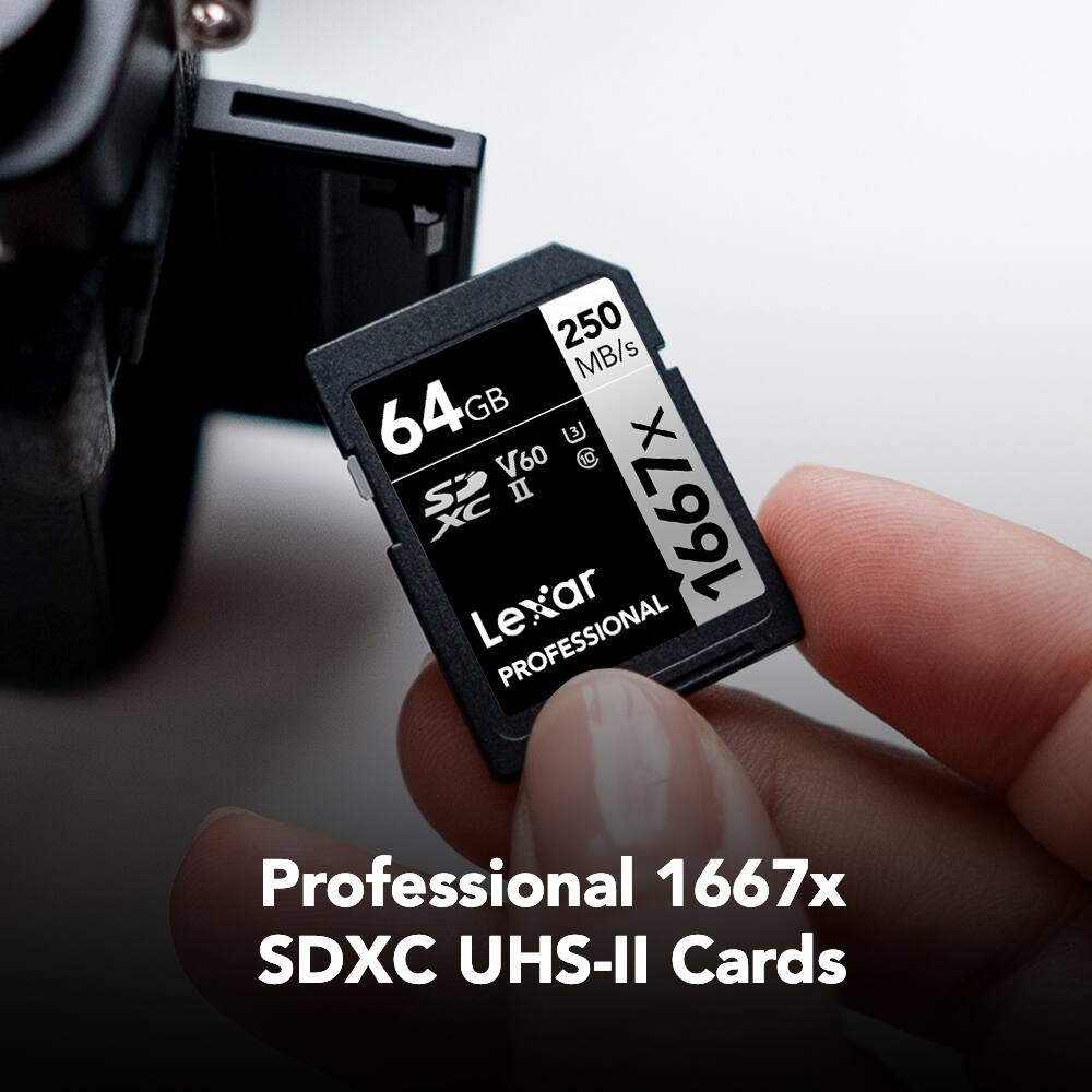 250 MB/s 64GB V60 C10 SP II 1667x SDXC UHS-II Cards

Lexar Professional 1667x SDXC UHS-II Cards