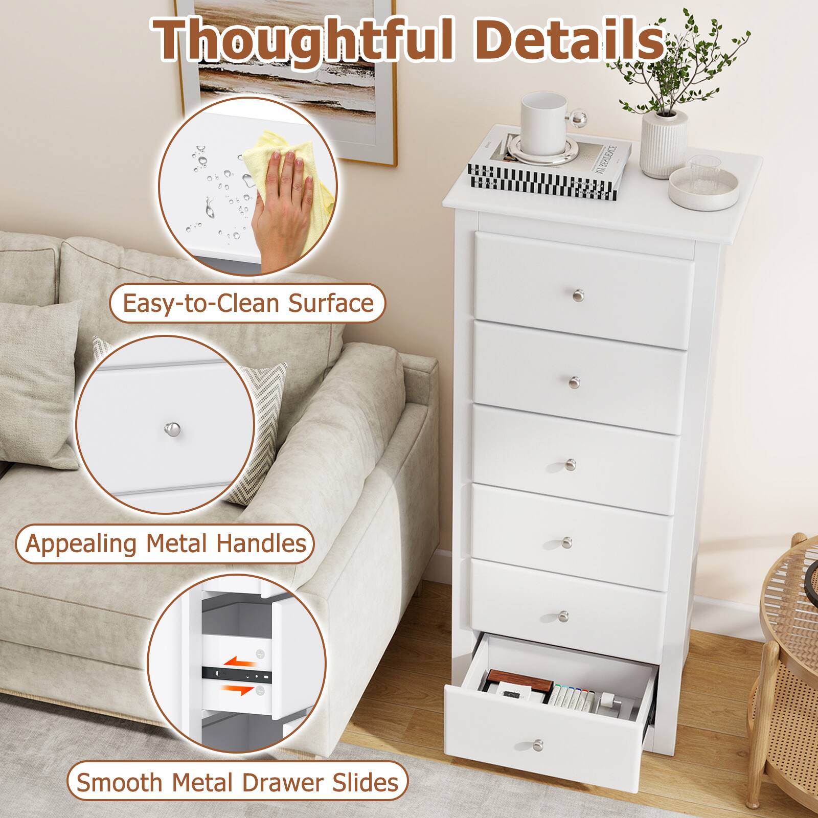 Thoughtful Details

- Easy-to-Clean Surface
- Appealing Metal Handles
- Smooth Metal Drawer Slides