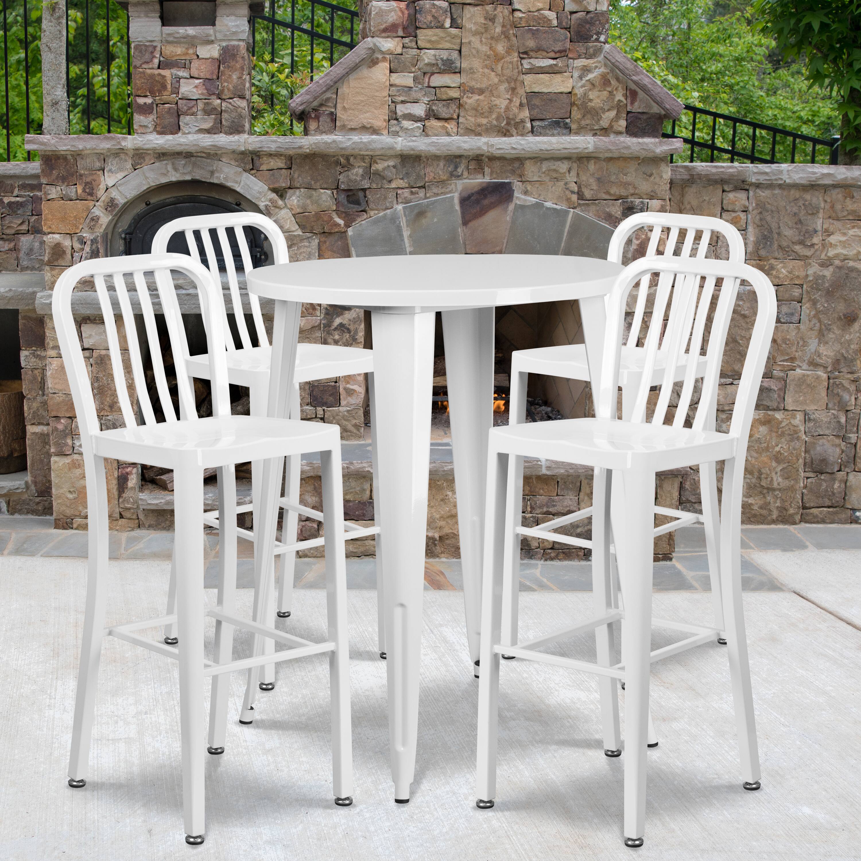 Alt View 1. Emma + Oliver - Commercial 30" Round Metal Indoor-Outdoor Bar Table Set & 4 Slat Back Stools - White.