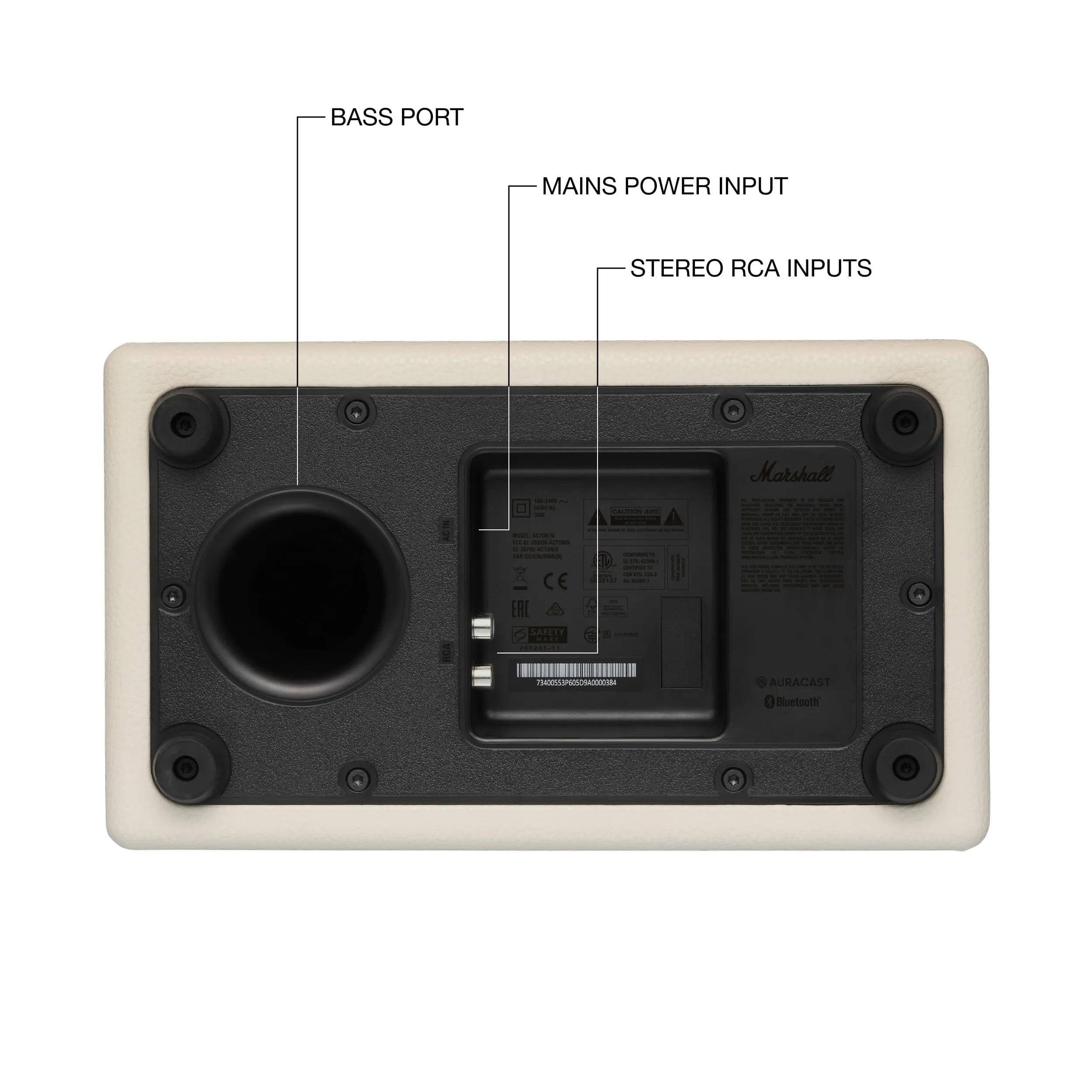 BASS PORT  
MAINS POWER INPUT  
STEREO RCA INPUTS  
Marshall  
CE EAC GAFCIY  
AURACAST  
Bluetooth