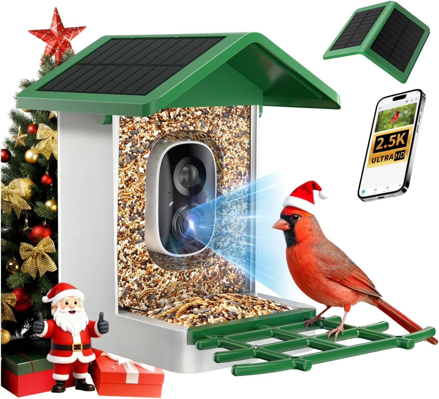 FINEAK - Smart Bird Feeder-2.5K AI Camera, Solar Powered, Bird ID - Green