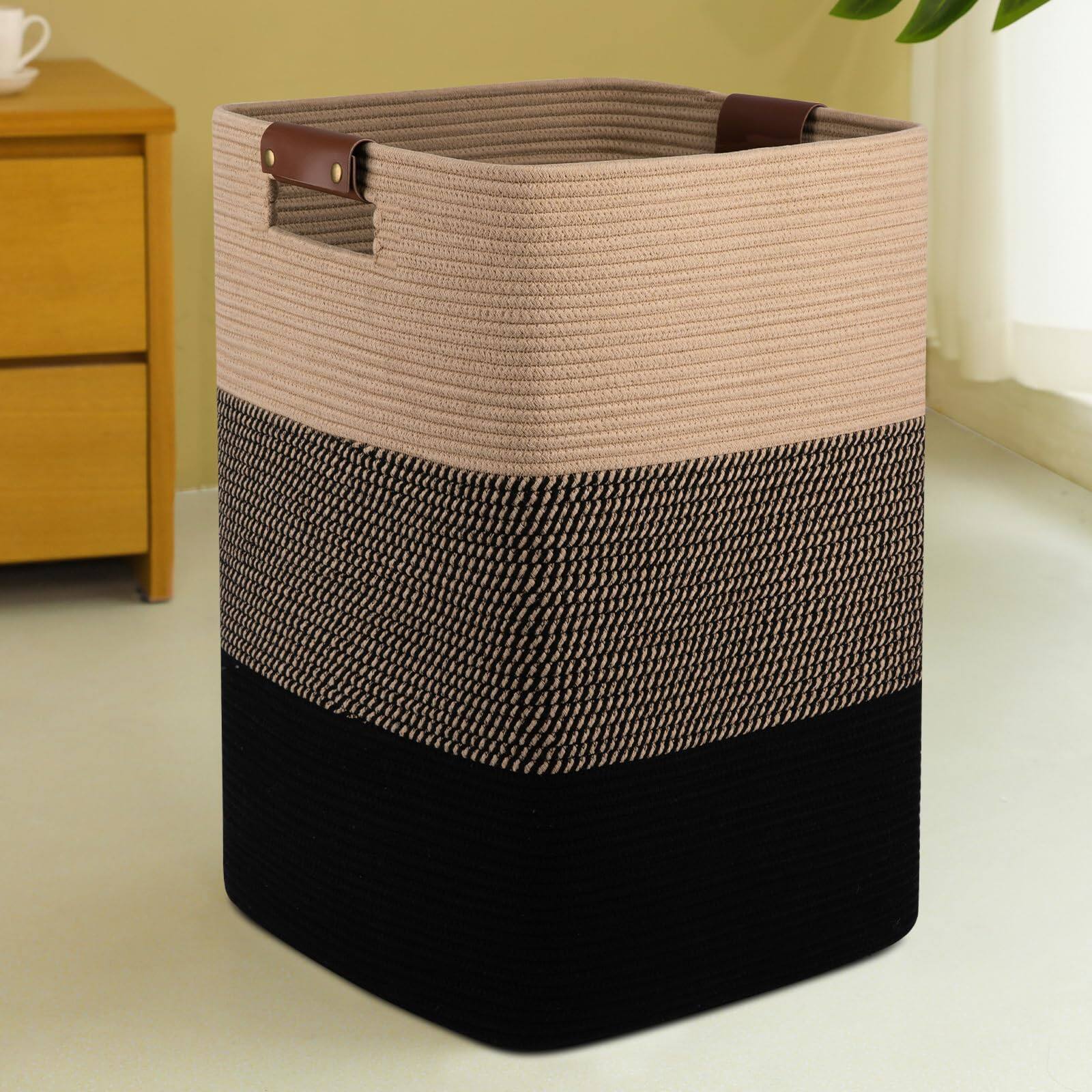 Front. JETRANSPORT - Laundry Hamper 96l Extra Large Basket Woven Blanket Cotton Storage With Handles For Living Room Baskets - Black & Yellow 96L.