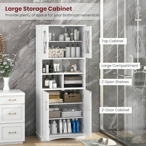Large Storage Cabinet, Provide plenty of space for your bathroom essentials, Top Cabinet, Large Compartment, 2 Open Shelves, 2-Door Cabinet
