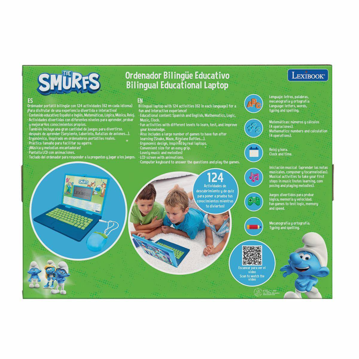 Ordenador Bilingüe Educativo SMURFS Bilingual Educational Laptop ES EN  
Ordenador portátil bilingüe con 124 actividades (62 en cada idioma)  
Bilingual laptop with 124 activities (62 in each language) for a fun and interactive experience!  

Contenido:  
Matemáticas, Lógica, Música, Reloj.  
Educational content: Spanish and English, Mathematics, Logic, Music, Clock.  

Actividades divertidas diferentes para aprender, mejorar conocimientos propios.  
Fun activities with different levels to learn, test, and improve your knowledge.  

También incluye una gran cantidad de juegos para divertirse después de aprender (Serpiente, Laberinto, Batallas de Aviones...).  
Also includes a large number of games to have fun after learning (Snake, Maze, Airplane Battles...).  

Ergonómico, inspirado en ordenadores portátiles reales.  
Convenient size for easy grip.  

Música y melodías encantadoras!  
LCD screen with animations.  

Pantalla con animaciones.  
Computer keyboard to answer the questions and play the games.  

Lengu