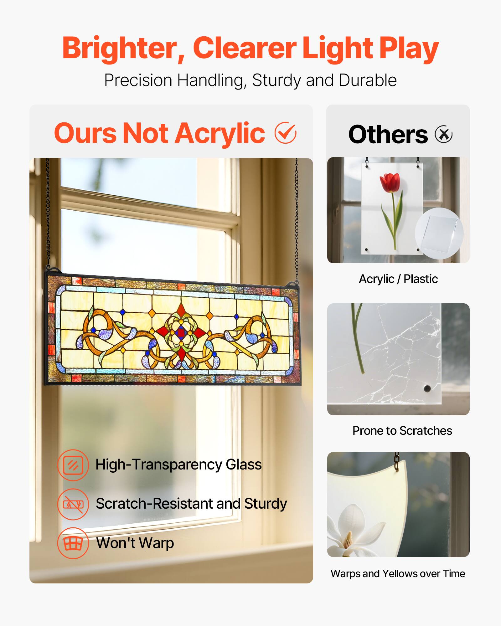 Brighter, Clearer Light Play  
Precision Handling, Sturdy and Durable  

Ours Not Acrylic  
High-Transparency Glass  
Scratch-Resistant and Sturdy  
Won’t Warp  

Others  
Acrylic / Plastic  
Prone to Scratches  
Warps and Yellows over Time