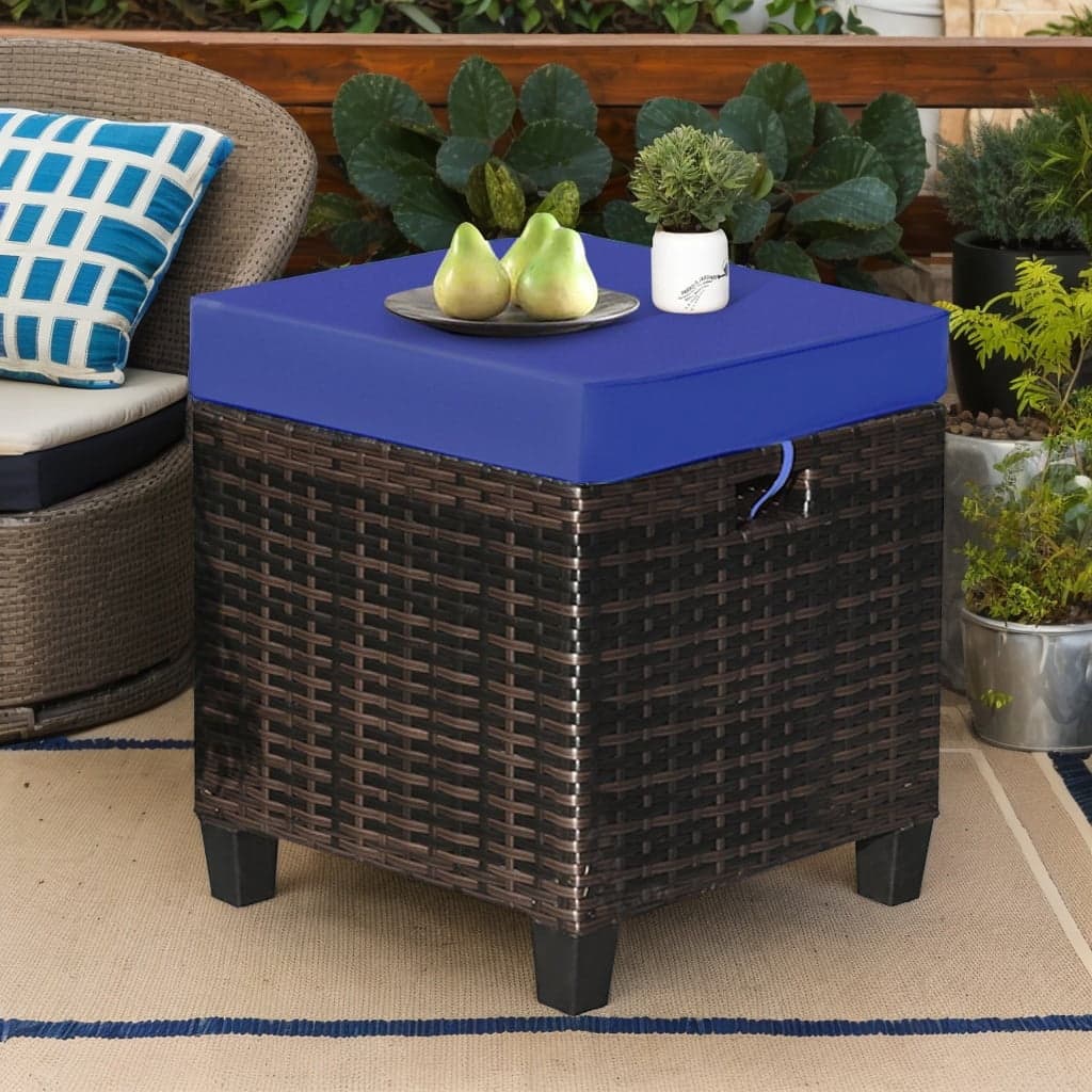 Kadyn - 2 Pieces Patio Rattan Ottoman Set with Removable Cushions-Navy, All Weather Wicker Ottoman, Outdoor Patio Ottomans - Blue