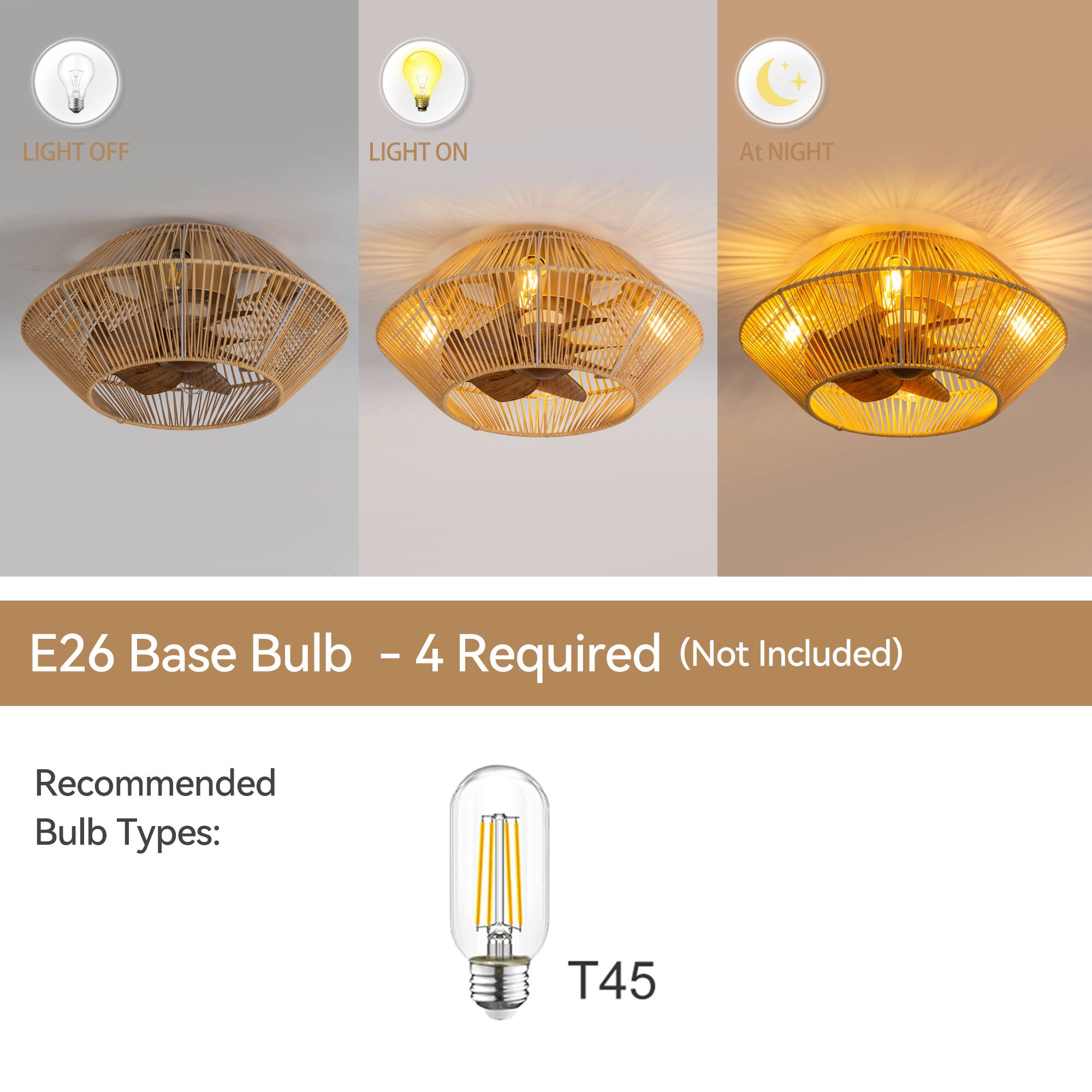 LIGHT OFF LIGHT ON At NIGHT
E26 Base Bulb - 4 Required (Not Included)
Recommended Bulb Types: T45