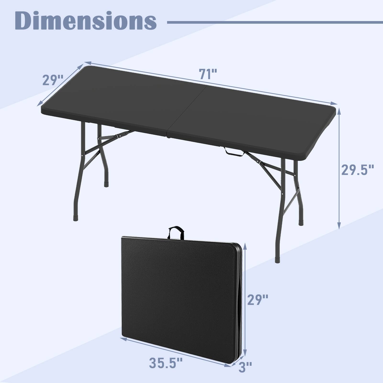 Dimensions: 29" x 71" x 29.5" (table), 29" x 35.5" x 3" (case)
