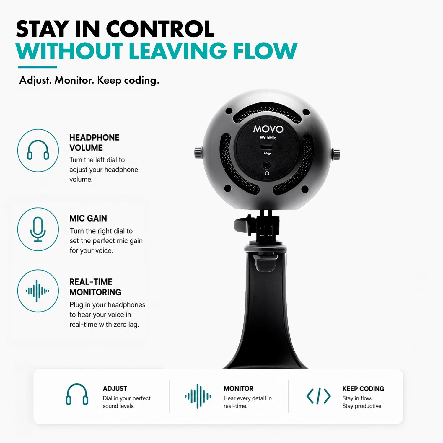 STAY IN CONTROL WITHOUT LEAVING FLOW

Adjust. Monitor. Keep coding.

HEADPHONE VOLUME
Turn the left dial to adjust your headphone volume.

MIC GAIN
Turn the right dial to set the perfect mic gain for your voice.

REAL-TIME MONITORING
Plug in your headphones to hear your voice in real-time with zero lag.

ADJUST
Dial in your perfect sound levels.

MONITOR
Hear every detail in real-time.

KEEP CODING
Stay in flow. Stay productive.