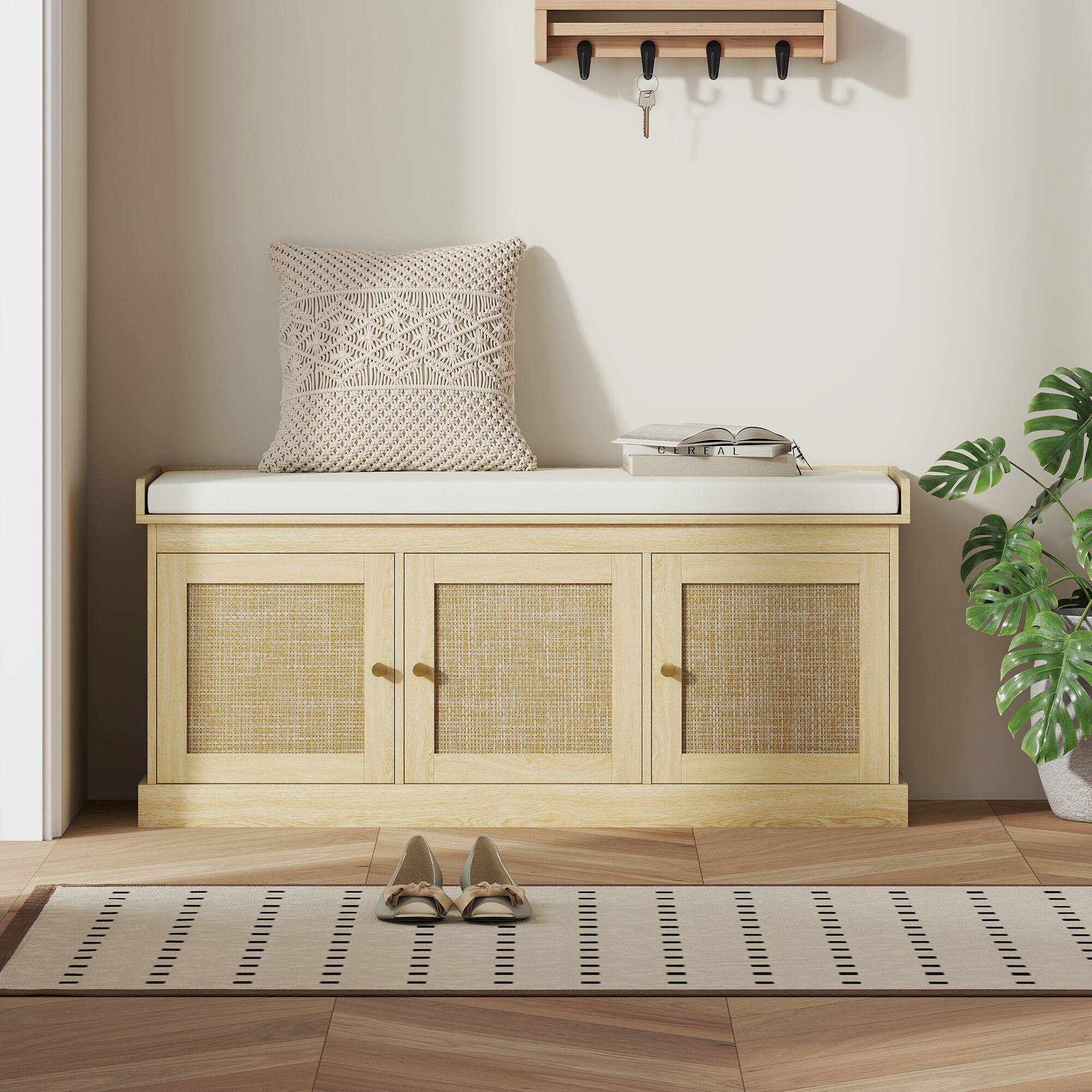 Alt View 7. Homcom - Storage Bench with Woven Rattan Doors, Shoe Bench with Cushion, Adjustable Shelves, Entryway Bench - Oak.