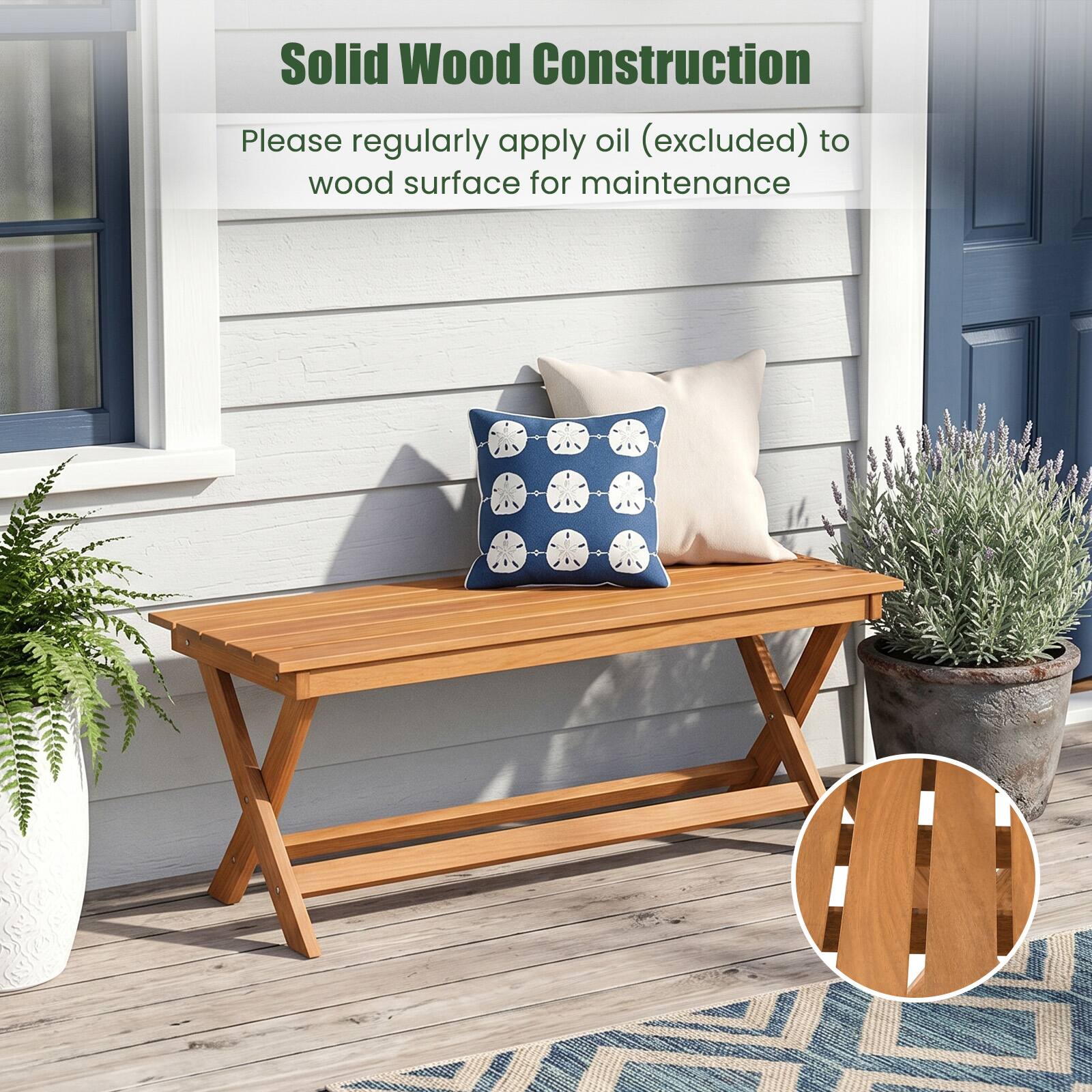 Solid Wood Construction

Please regularly apply oil (excluded) to wood surface for maintenance