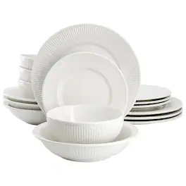 Elama - Kate 16 Piece Textured Trim Double Bowl Porcelain Dinnerware Set - White