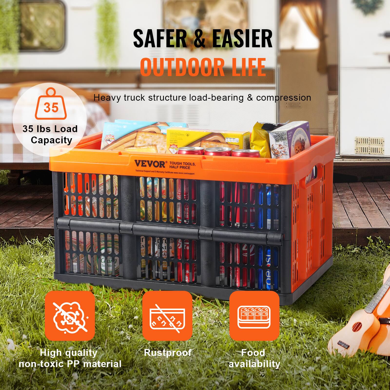 SAFER & EASIER OUTDOOR LIFE

Heavy truck structure load-bearing & compression

35 lbs Load Capacity

VEVOR TOUGH TOOLS HALF PRICE

High quality non-toxic PP material

Rustproof

Food availability