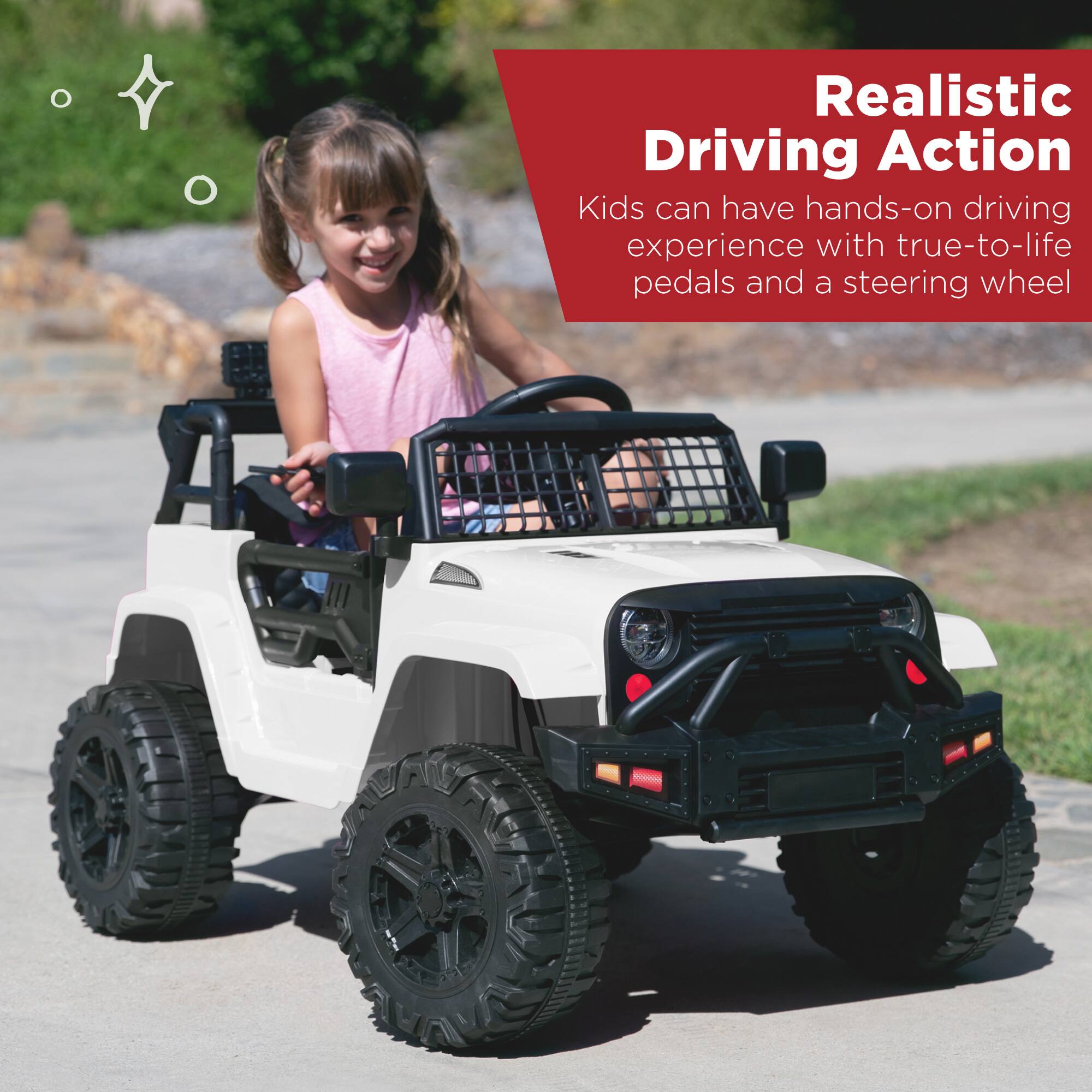 Realistic Driving Action: Kids can have hands-on driving experience with true-to-life pedals and a steering wheel.