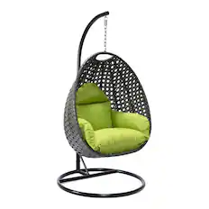 Front. LeisureMod - LeisureMod Outdoor Charcoal Wicker Egg Chair with Steel Stand, UV & Rust Resistant Single Swing for Patio & Garden - Light Green.