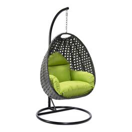 LeisureMod - Charcoal Wicker Outdoor Egg Swing Chair with Steel Stand - UV & Rust Resistant Single Seat for Patio - Light Green
