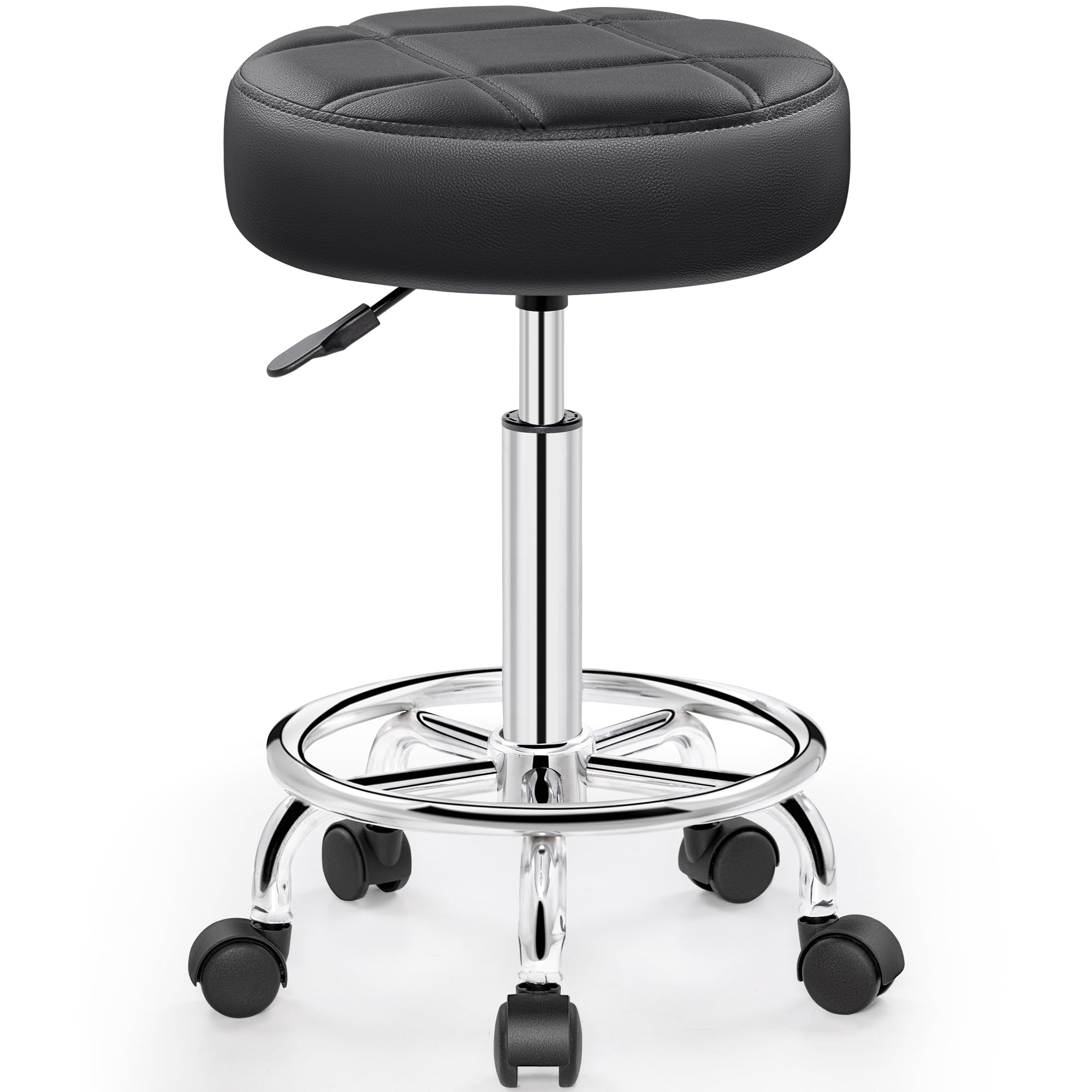 JETRANSPORT - Rolling Stool With Wheels Pu Leather Small Office Chair Foot Rest Versatile Adjustable Swivel For - Black
